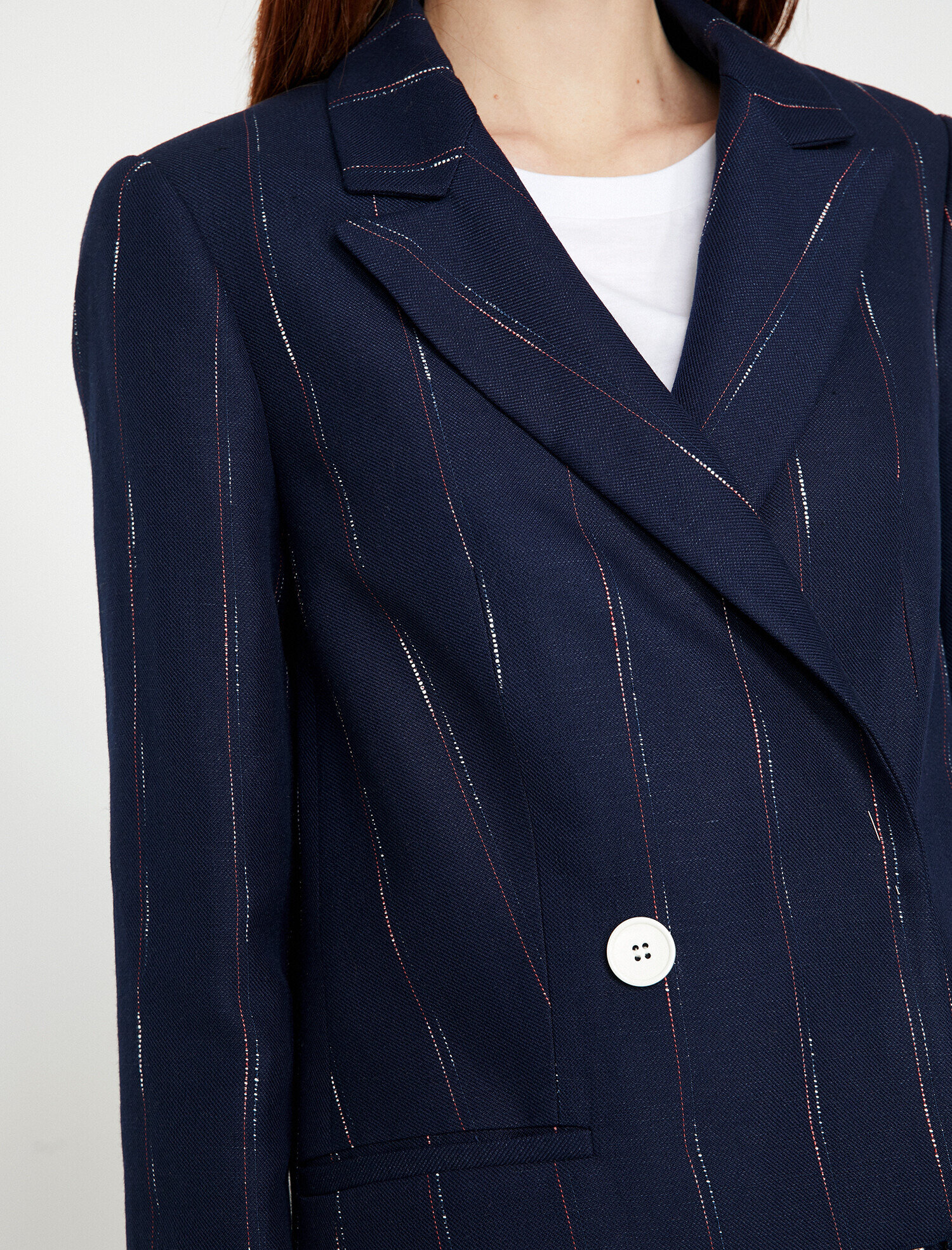   Çizgili Kruvaze Blazer Ceket Keten Karışımlı