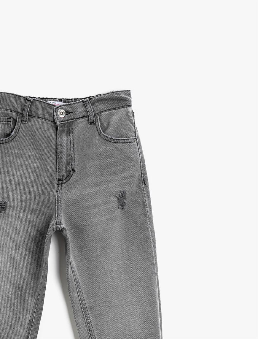  Kız Çocuk Yırtık Kot Pantolon Pamuklu Cepli Düğmeli - Jegging Jean