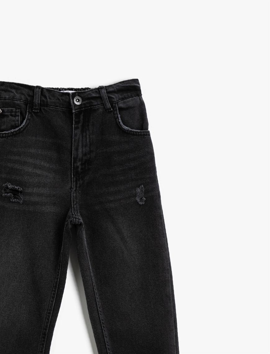  Kız Çocuk Yırtık Kot Pantolon Pamuklu Cepli Düğmeli - Jegging Jean