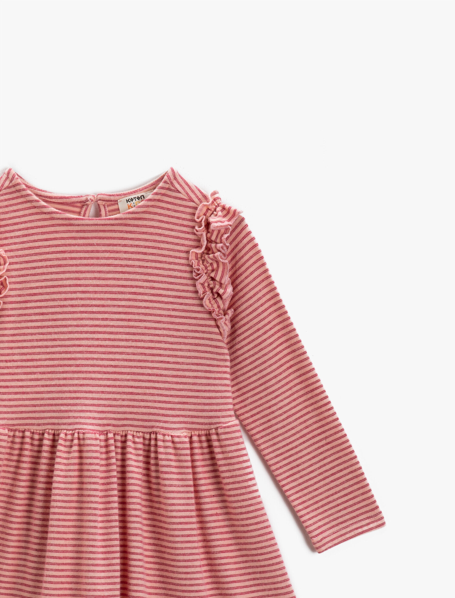  Kız Çocuk Kolu Fırfırlı Bisiklet Yaka Çizgili Uzun Kollu Elbise