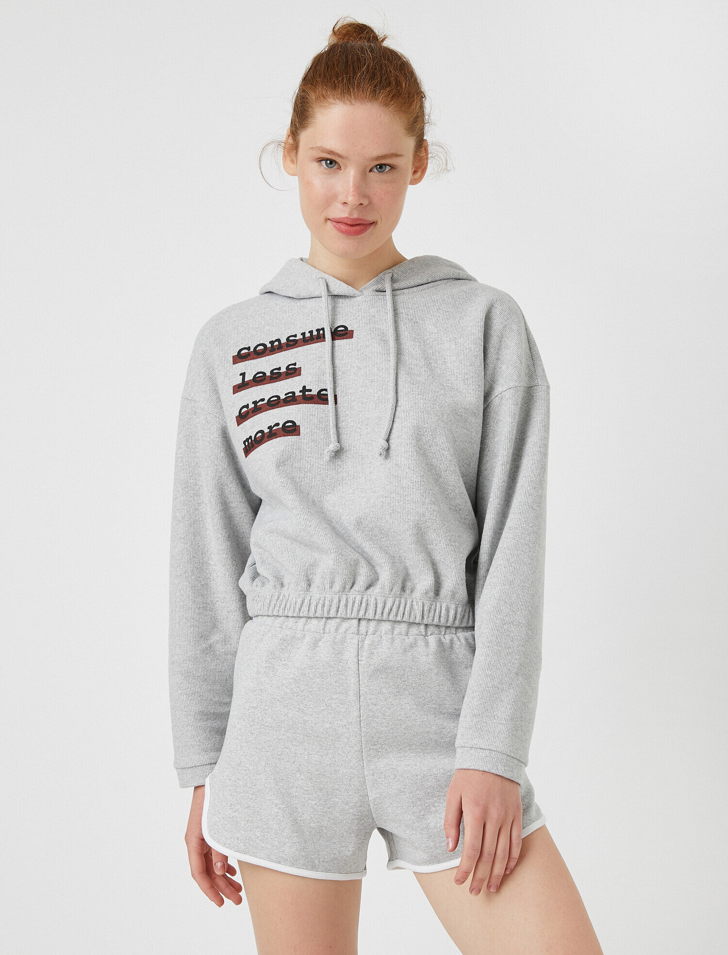   Crop Sweatshirt Kapüşonlu Fitilli Baskılı