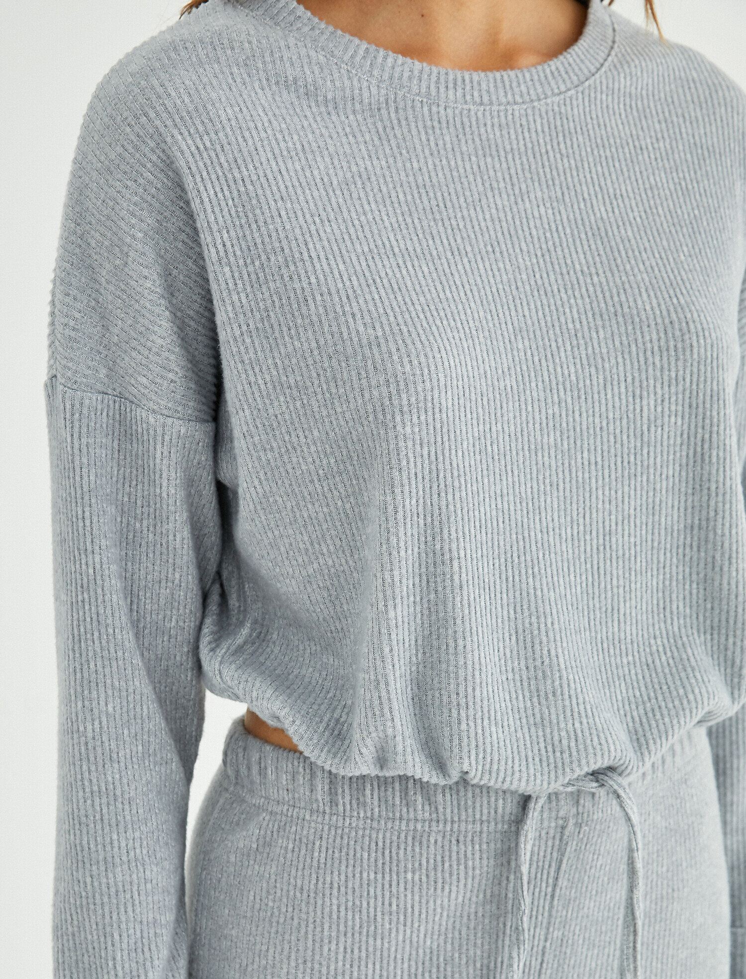   Beli Büzgülü Uzun Kollu Triko Pijama Üstü