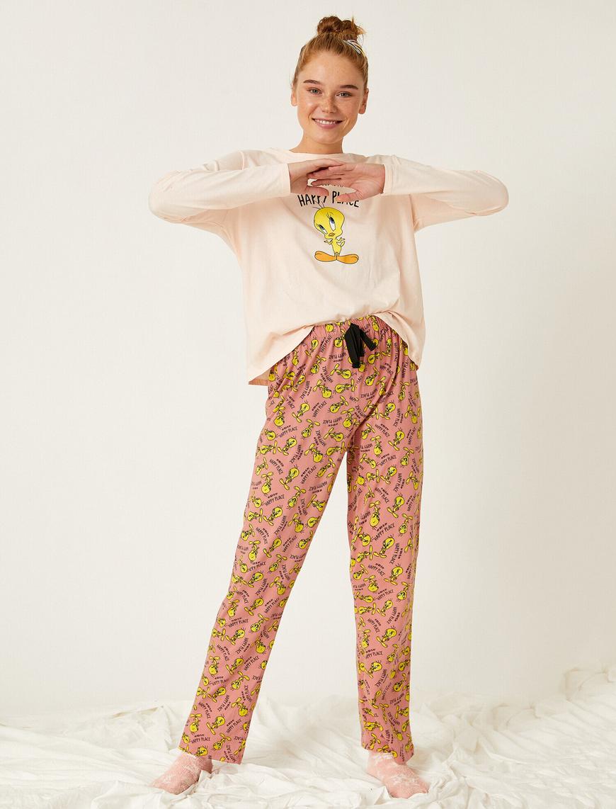   Tweety Lisanslı Baskılı Desenli Uzun Kollu Pamuklu Pijama Seti