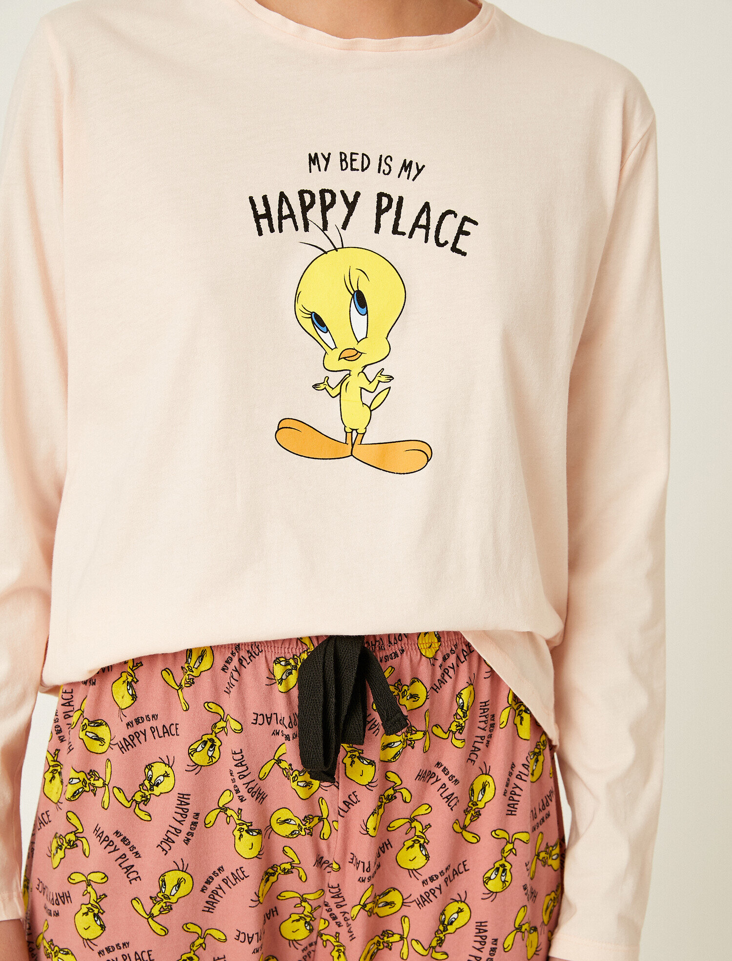 Tweety Lisanslı Baskılı Desenli Uzun Kollu Pamuklu Pijama Seti