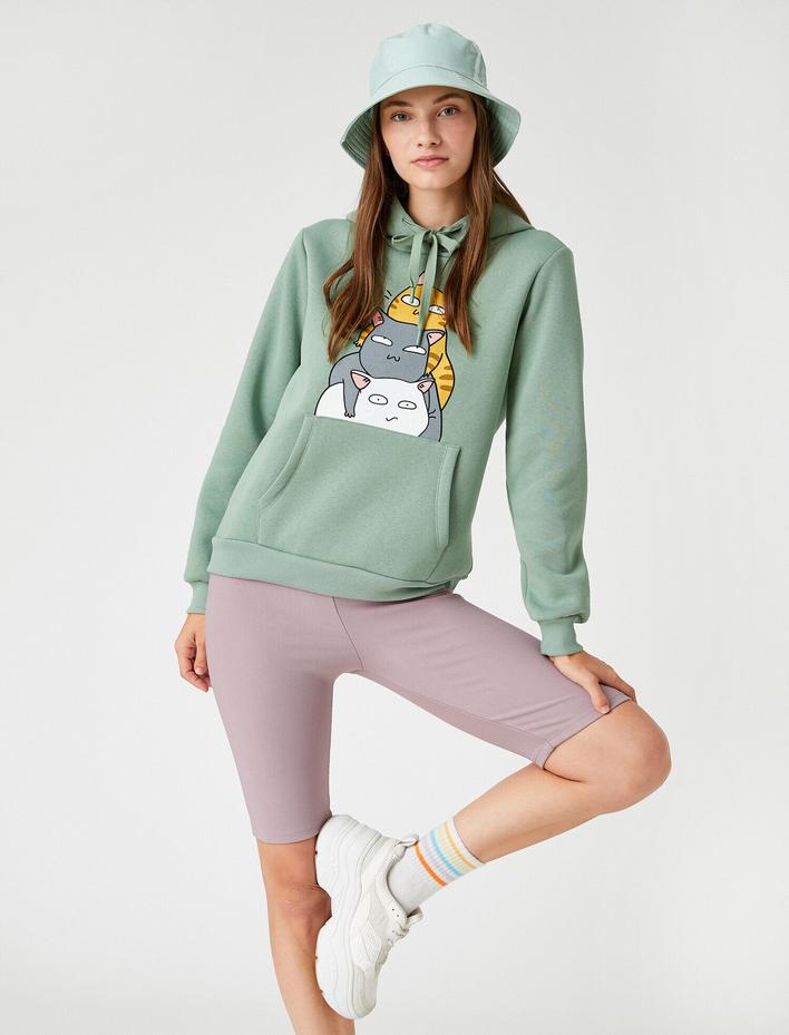  Kapüşonlu Baskılı Sweatshirt Uzun Kollu