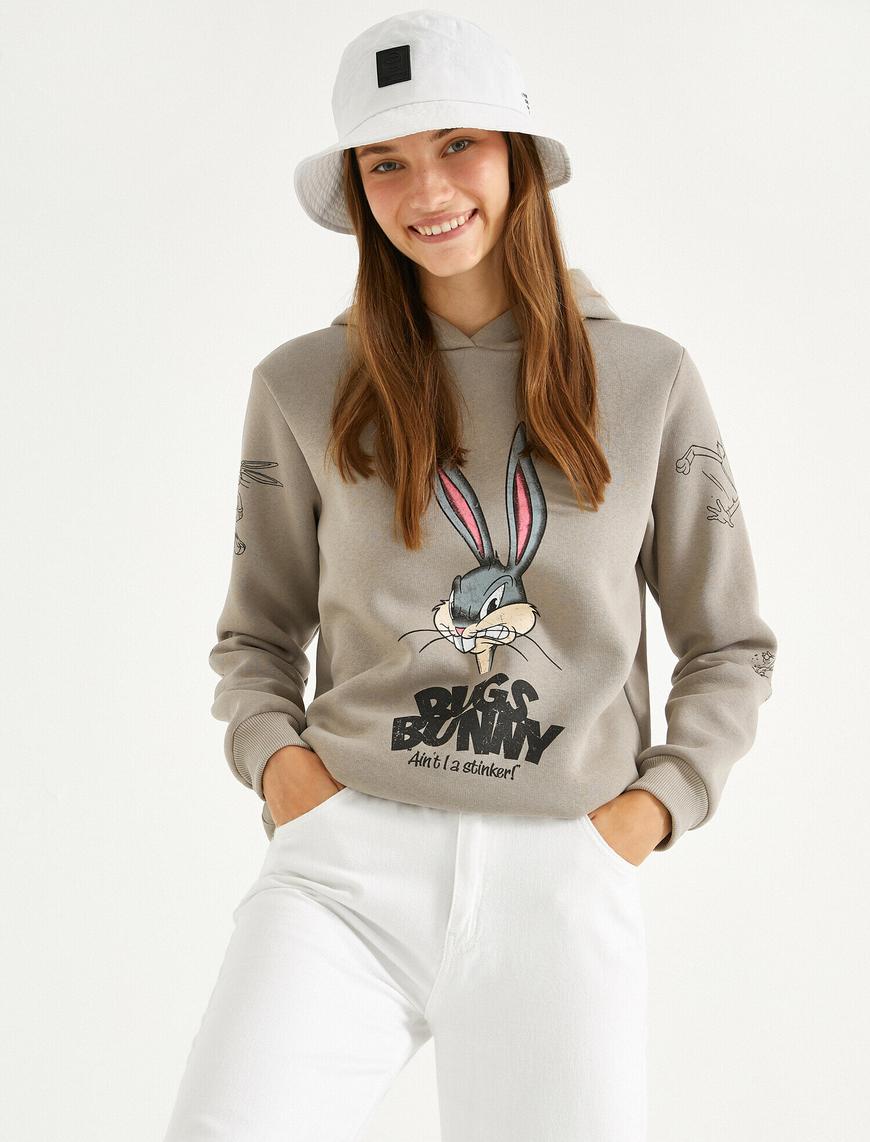   Uzun Kollu Bugs Bunny Lisanslı Baskılı Kapüşonlu Sweatshirt