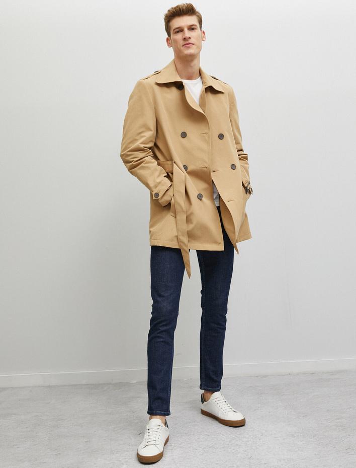  Düğmeli Trençkot Kemerli Pamuklu