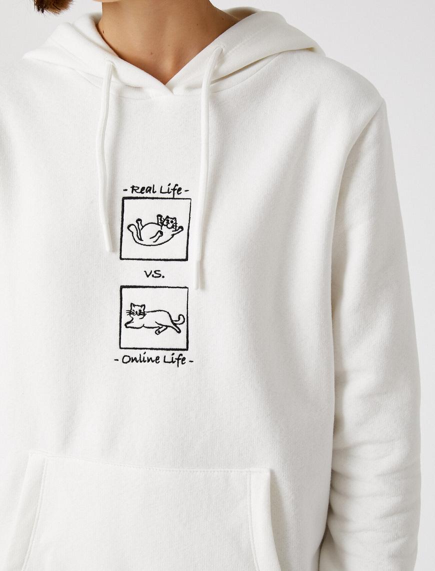   Kedi Baskılı Sweatshirt Kapüşonlu Kanguru Cepli
