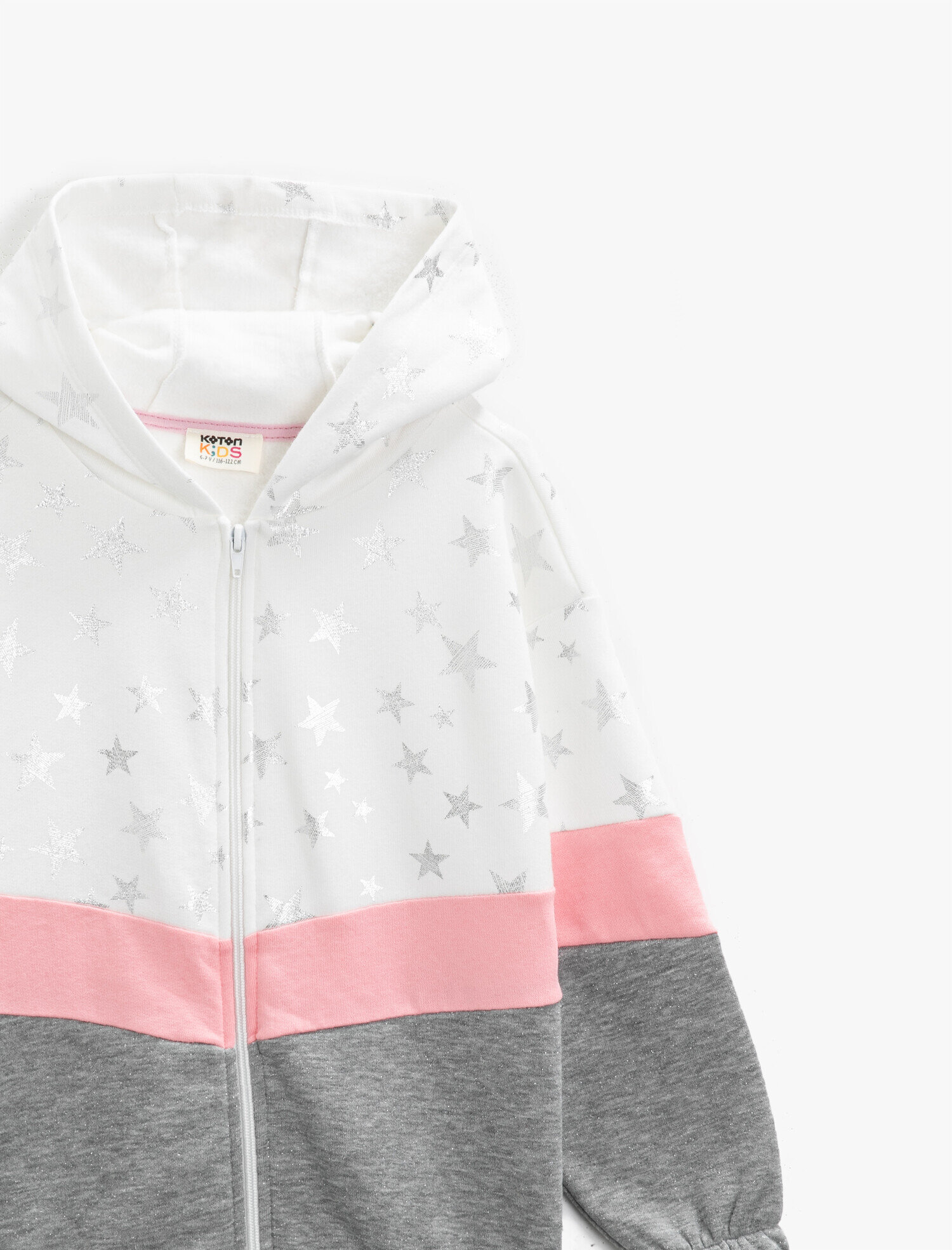  Kız Çocuk Pamuklu Kapüşonlu Baskılı Renk Bloklu Fermuarlı Sweatshirt