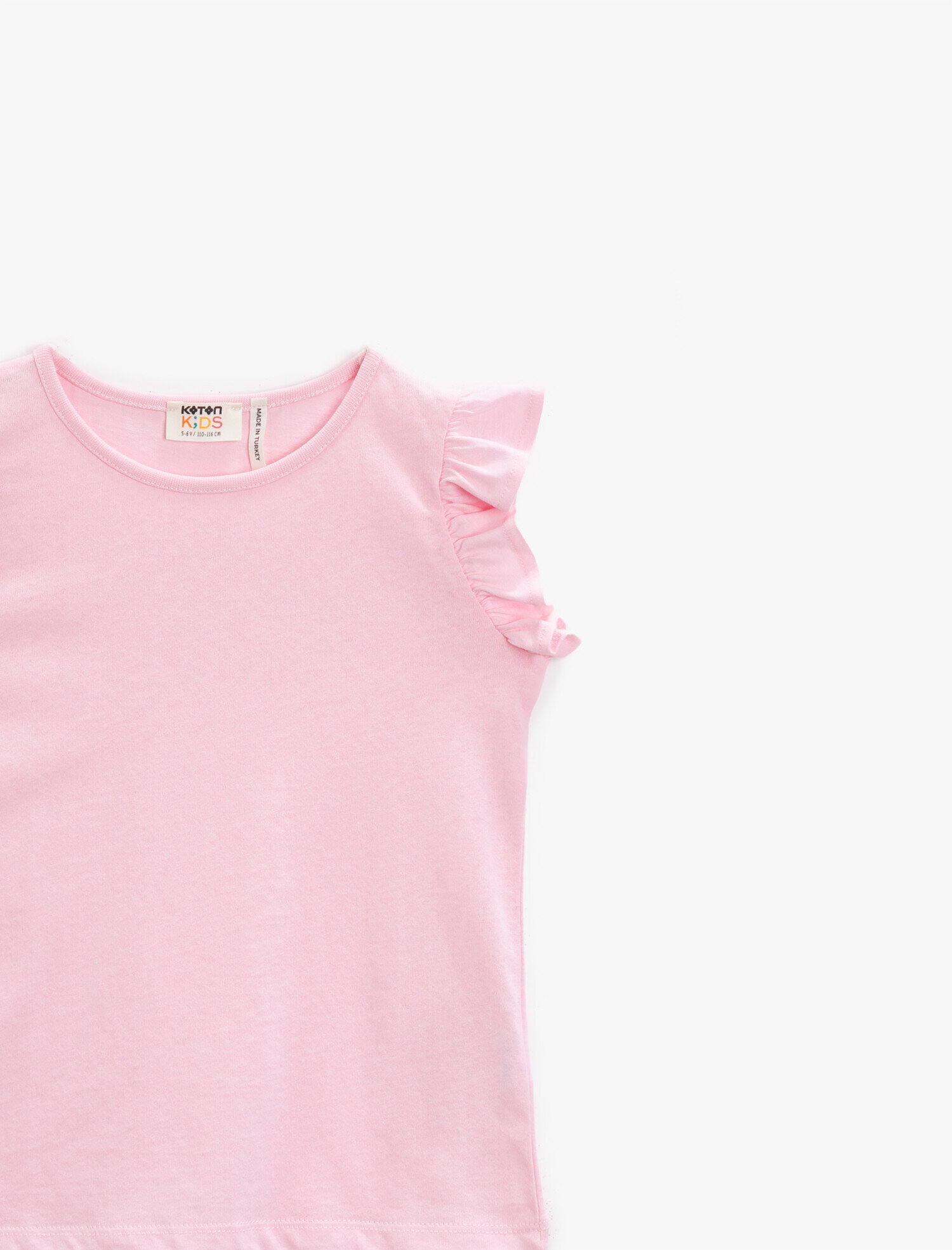  Kız Çocuk Bisiklet Yaka Tişört Kolu Fırfırlı Basic Pamuklu