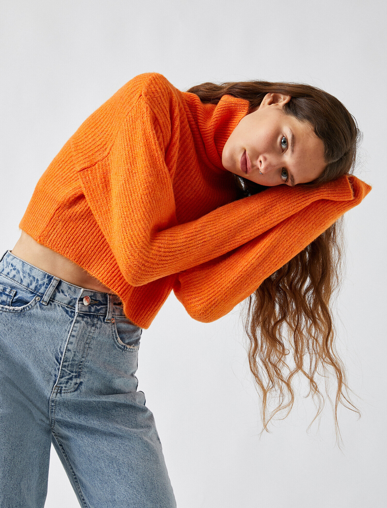   Crop Balıkçı Yaka Fitilli Triko Kazak