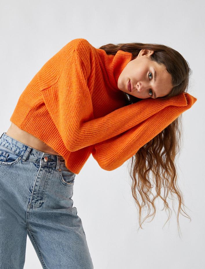  Crop Balıkçı Yaka Fitilli Triko Kazak