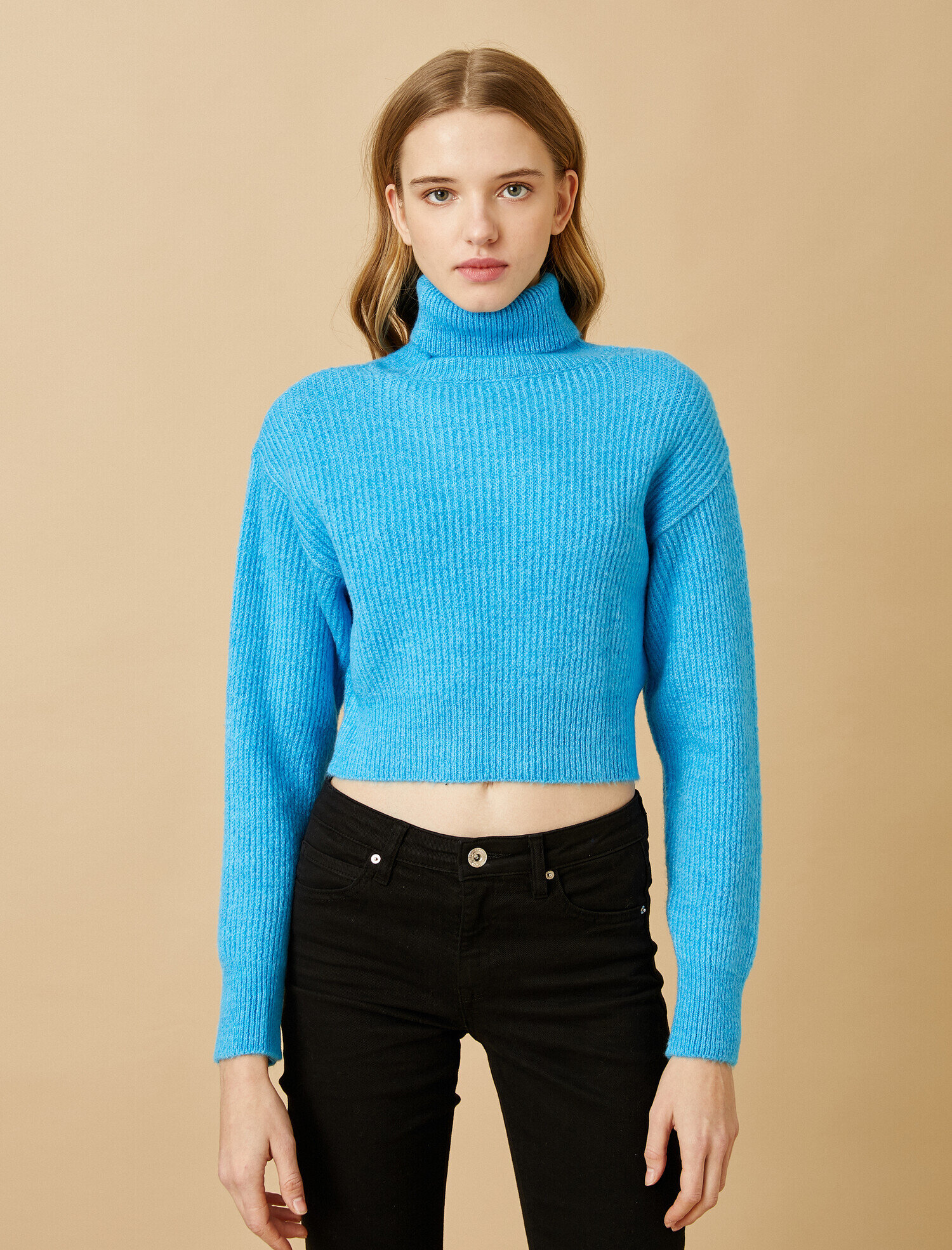   Crop Balıkçı Yaka Fitilli Triko Kazak