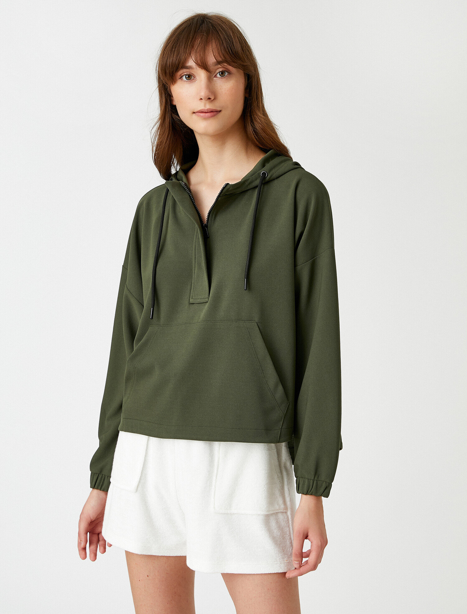   Yakası Fermuarlı Sweatshirt Kanguru Cepli