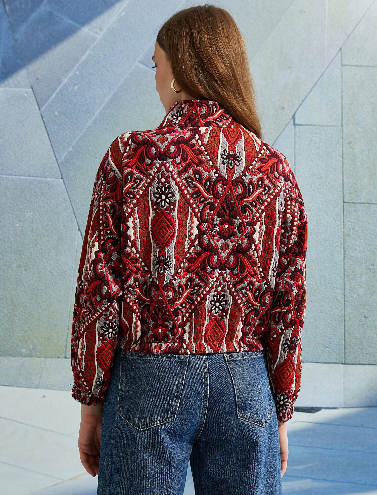   Etnik Desenli Yarım Balıkçı Yaka Beli Büzgülü Sweatshirt