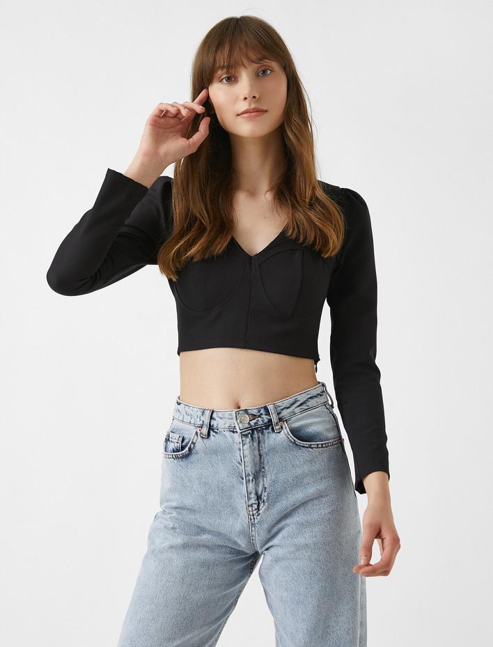  Crop Abiye Bluz Uzun Kollu V Yaka