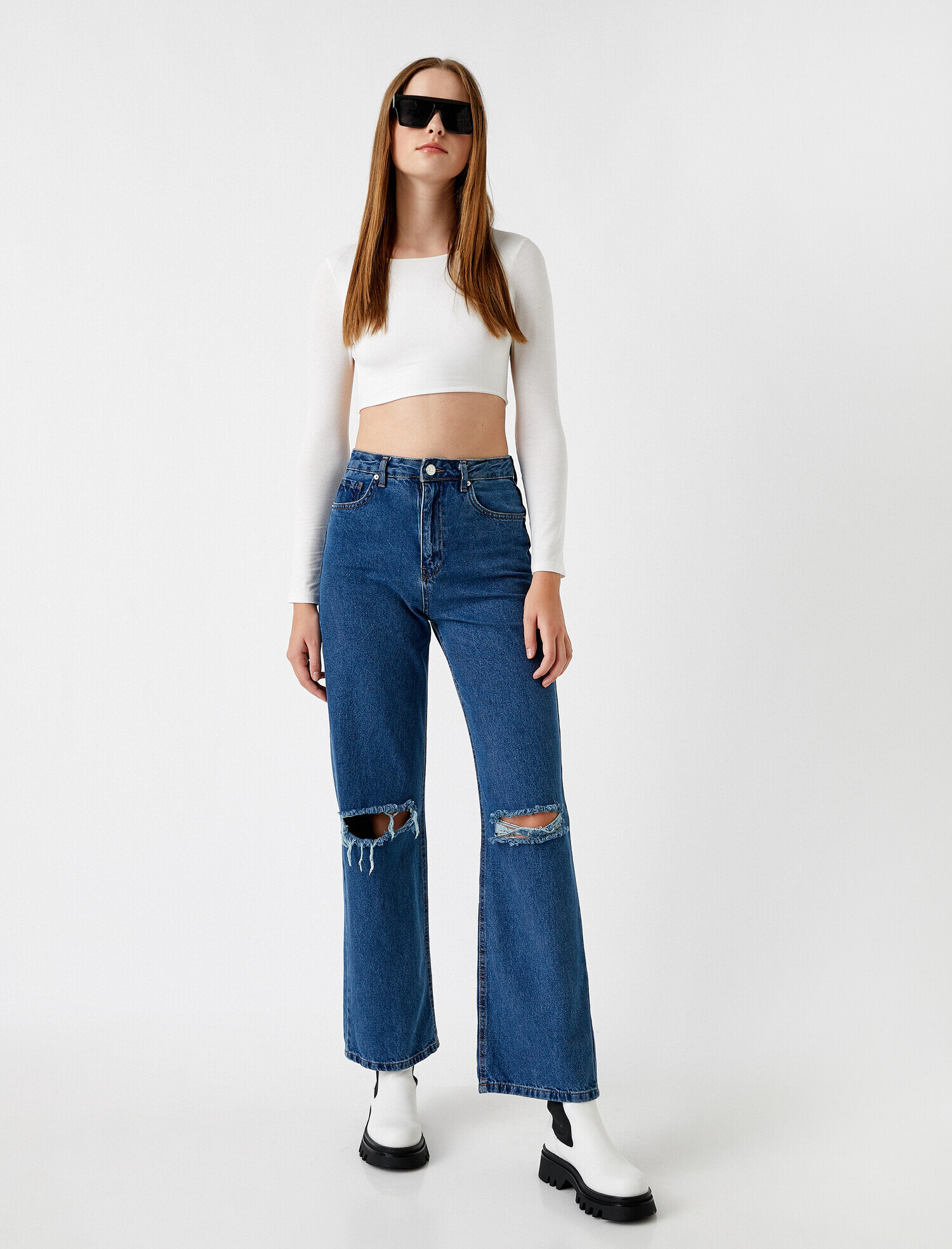   Bol Paça Yüksek Bel Dizi Yırtık Kot Pantolon - Bianca Jean