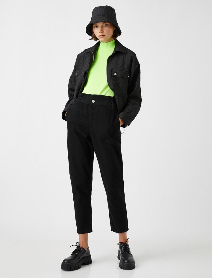  Yüksek Bel Rahat Kesim Beli Lastikli Kot Pantolon - Baggy Jean