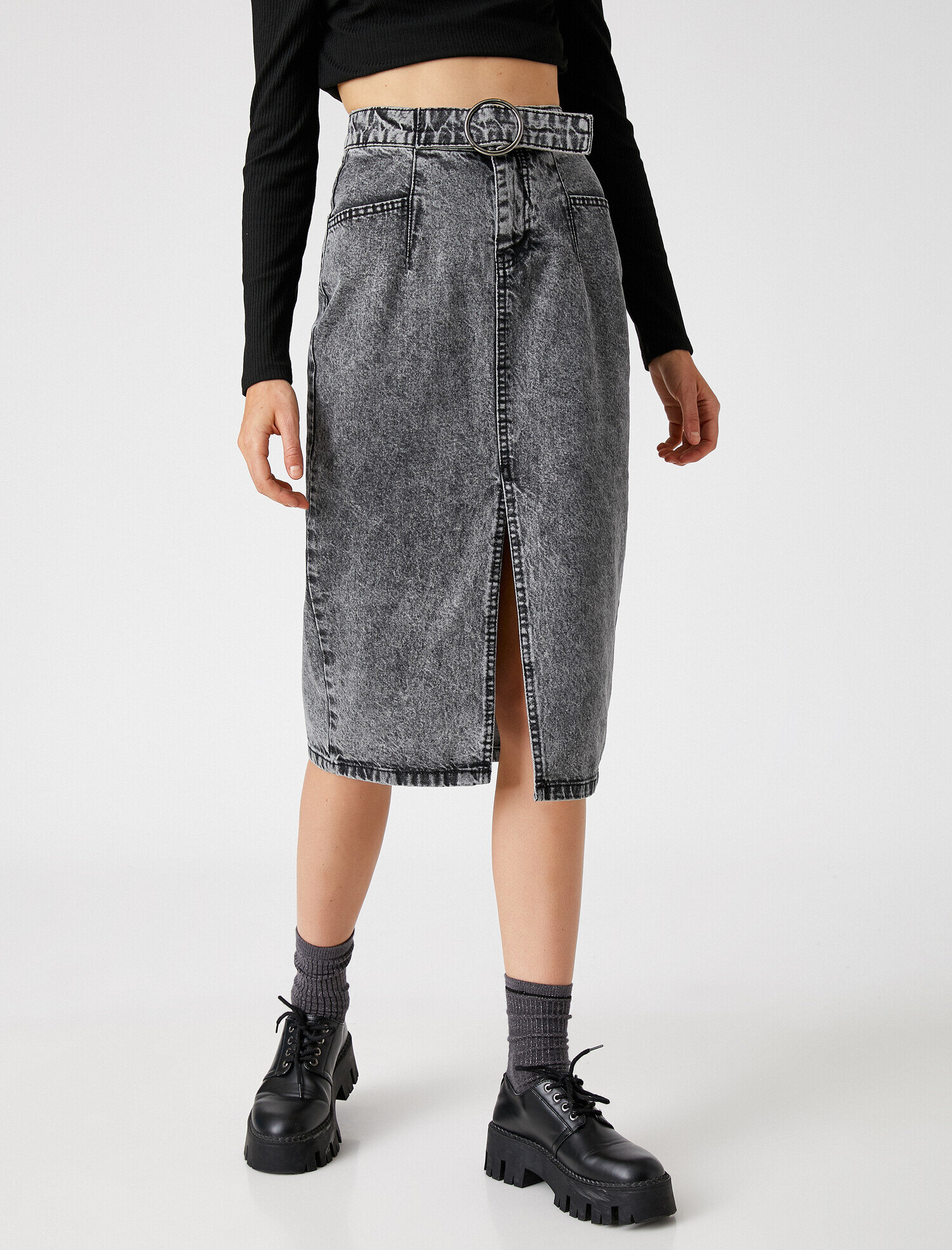   Yırtmaçlı Midi Kot Etek