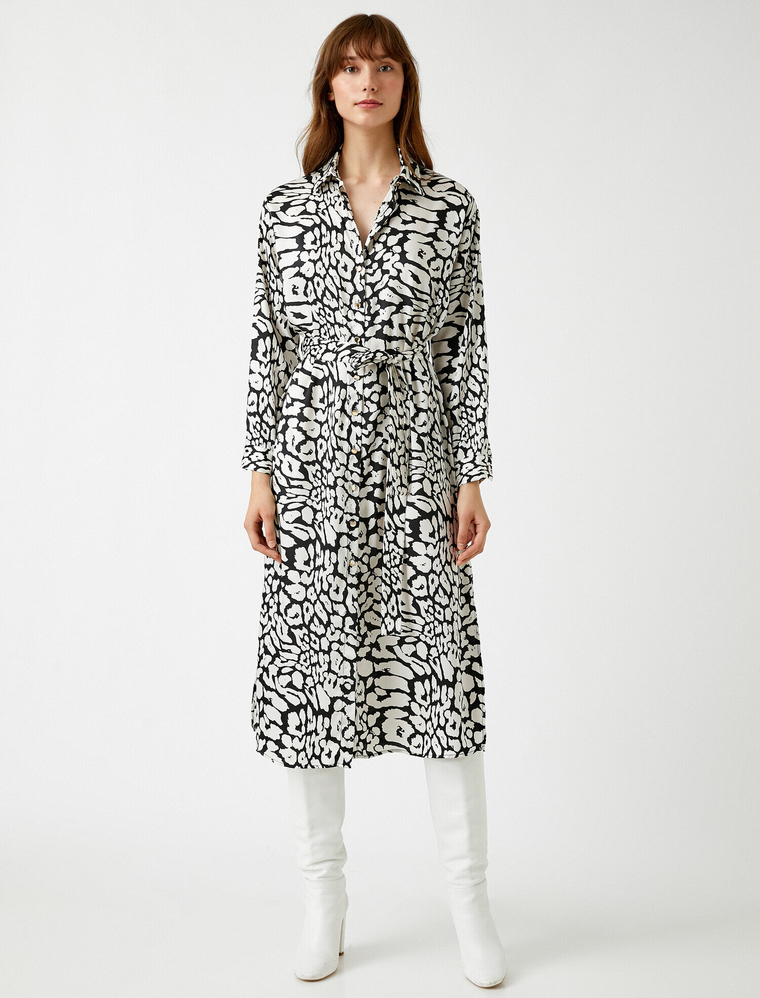   Beli Kuşaklı Gömlek Elbise Desenli Midi