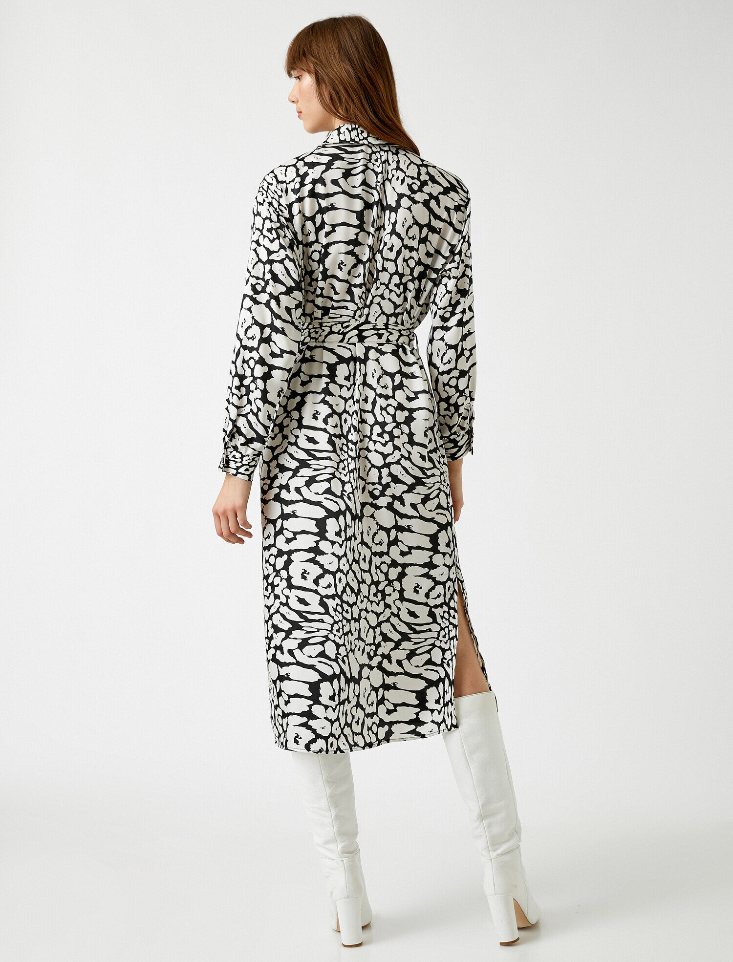   Beli Kuşaklı Gömlek Elbise Desenli Midi