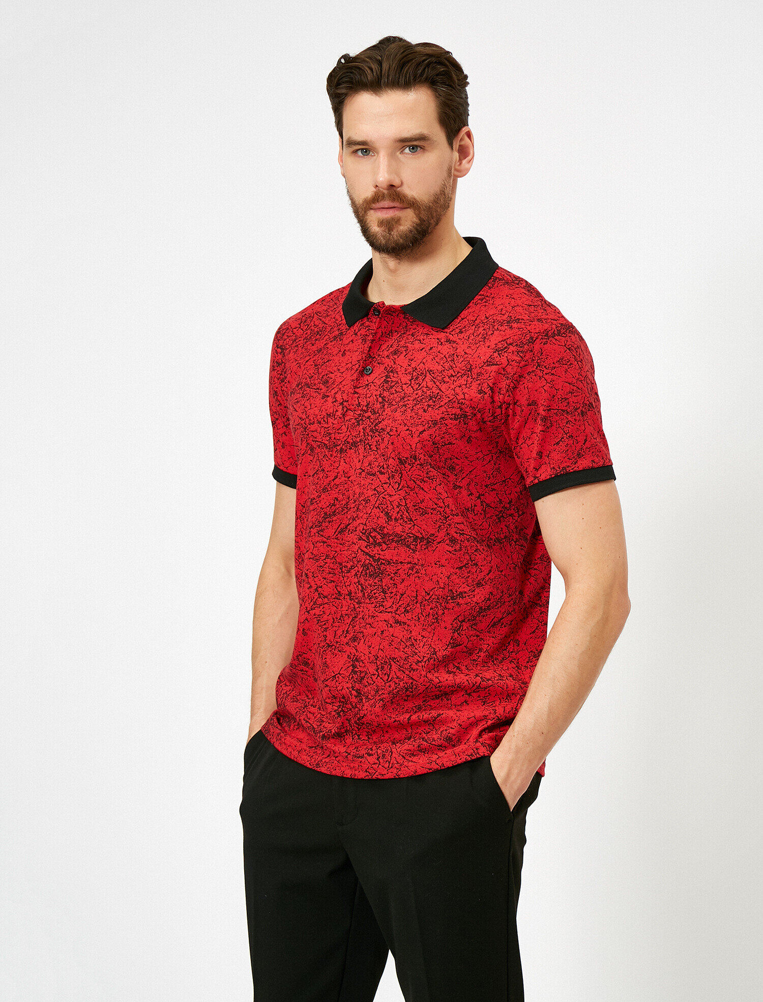 Polo Yaka Yıldız Desenli Süprem Kumaş Kontrast Yaka Slim Fit Tişört