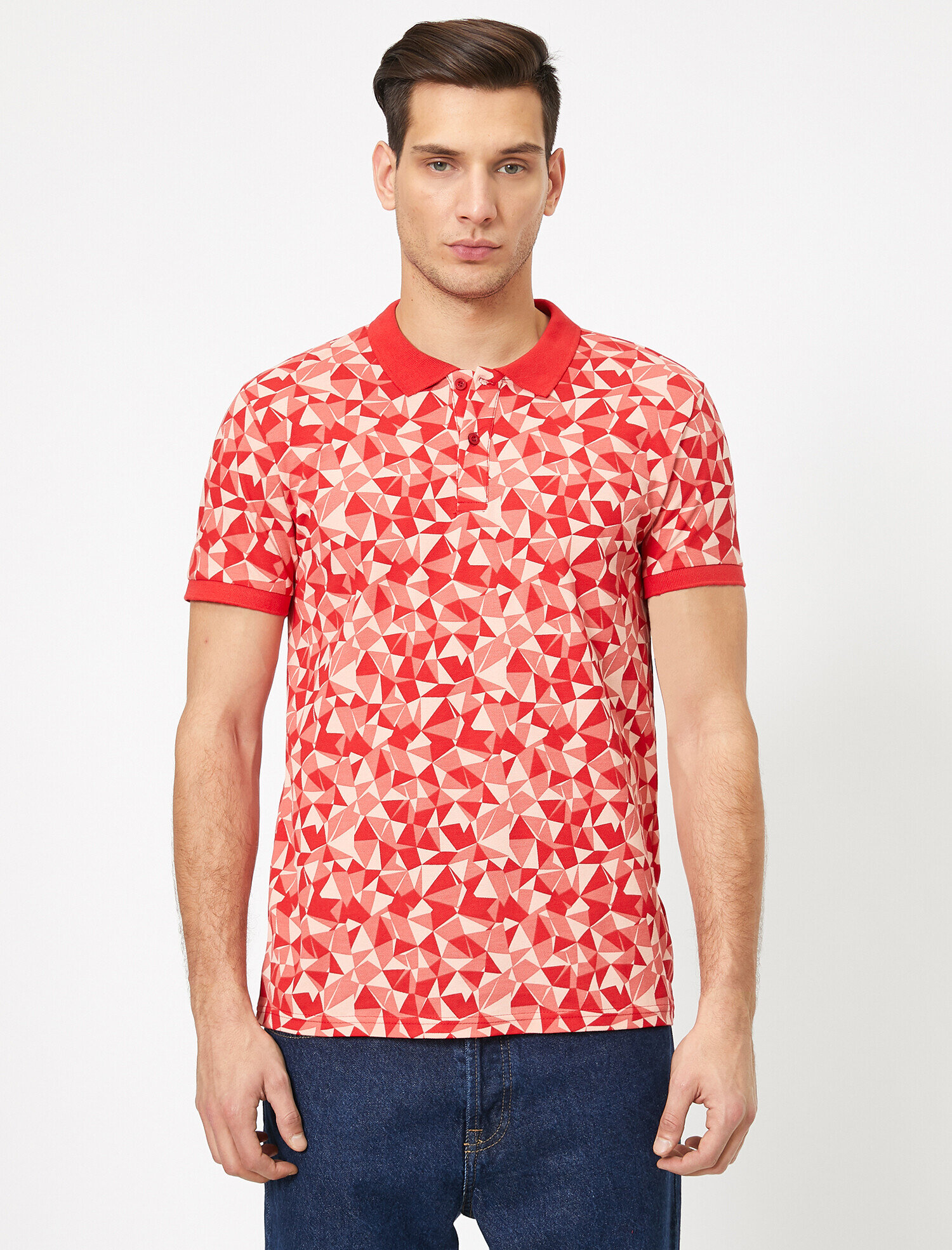 Polo Yaka Geometrik Desenli Pike Kumaş Slim Fit Tişört