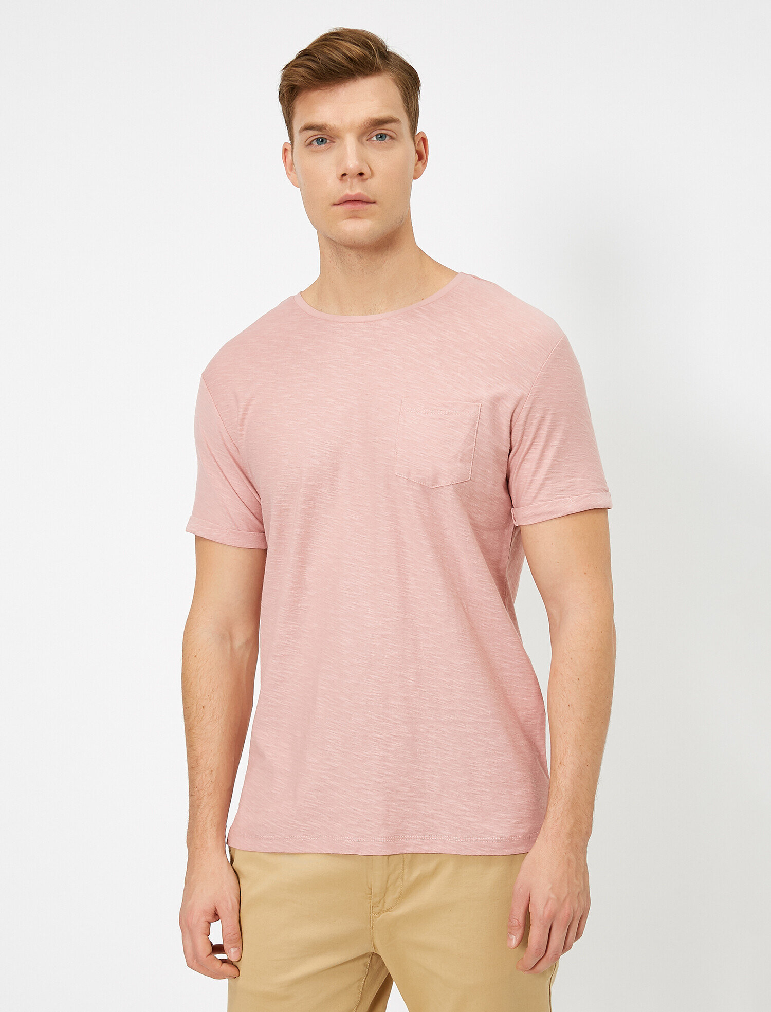   Bisiklet Yaka Cep Detaylı Flamlı Kumaş Dar Kesim Basic Tişört