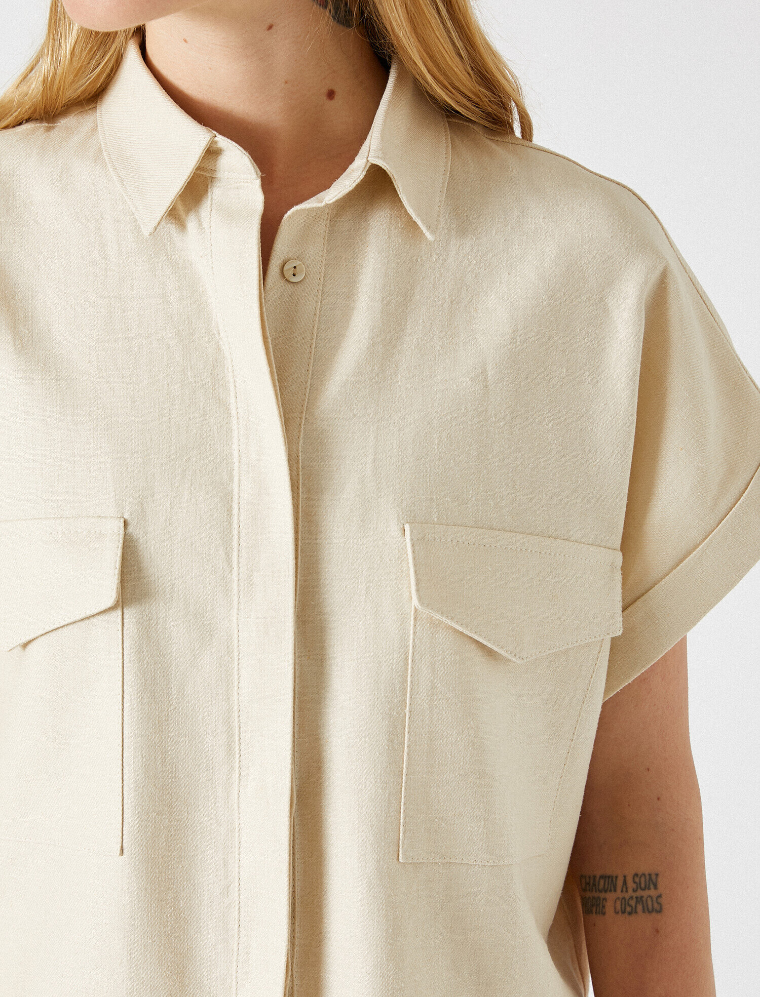   Kısa Kollu Gömlek Cepli Keten