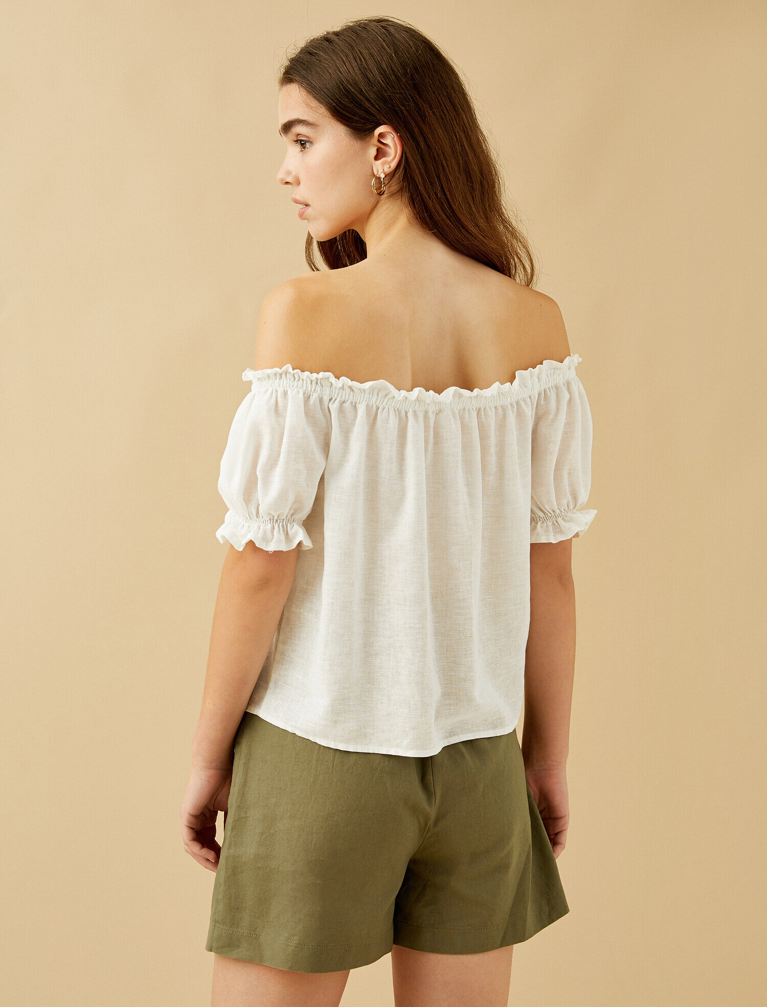 Omuz Açık Gömlek Kısa Kollu Fırfırlı Keten Karışımlı