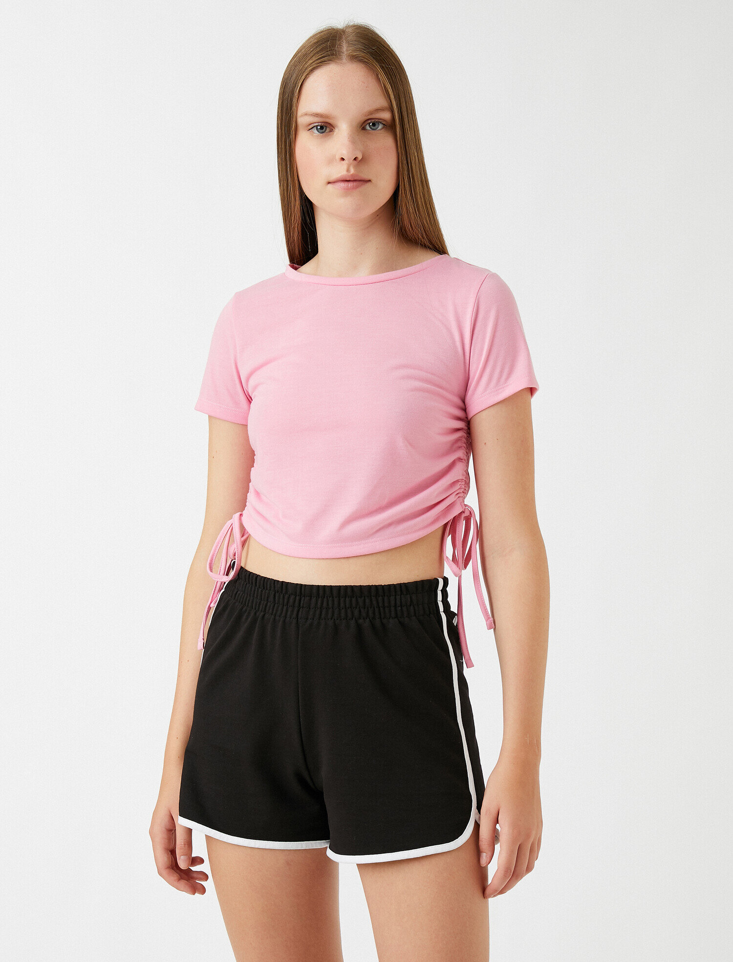   Crop Tişört Bağlamalı Bisiklet Yaka Kısa Kollu