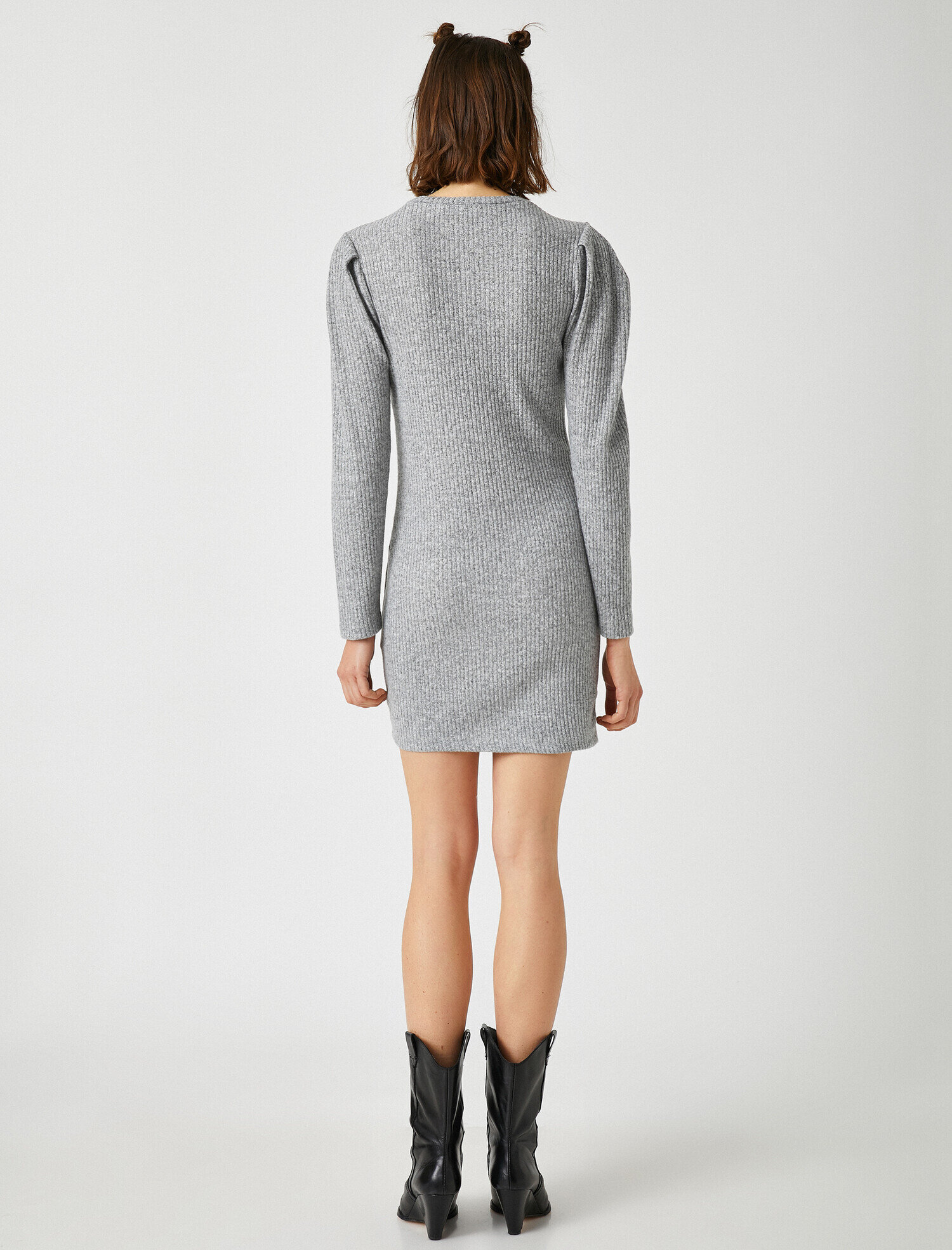   Uzun Puff Kol Bisiklet Yaka Kısa Triko Elbise