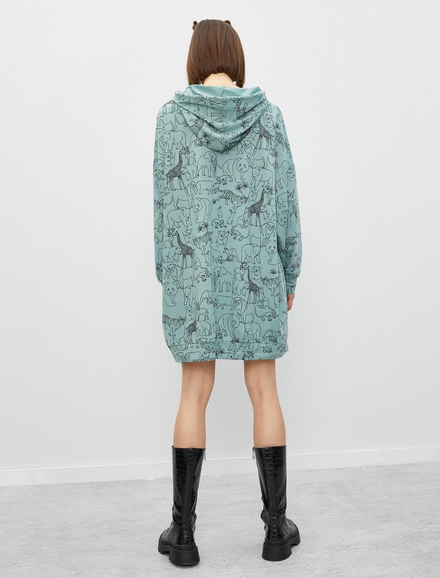  Baskılı Kapüşonlu Elbise Oversize