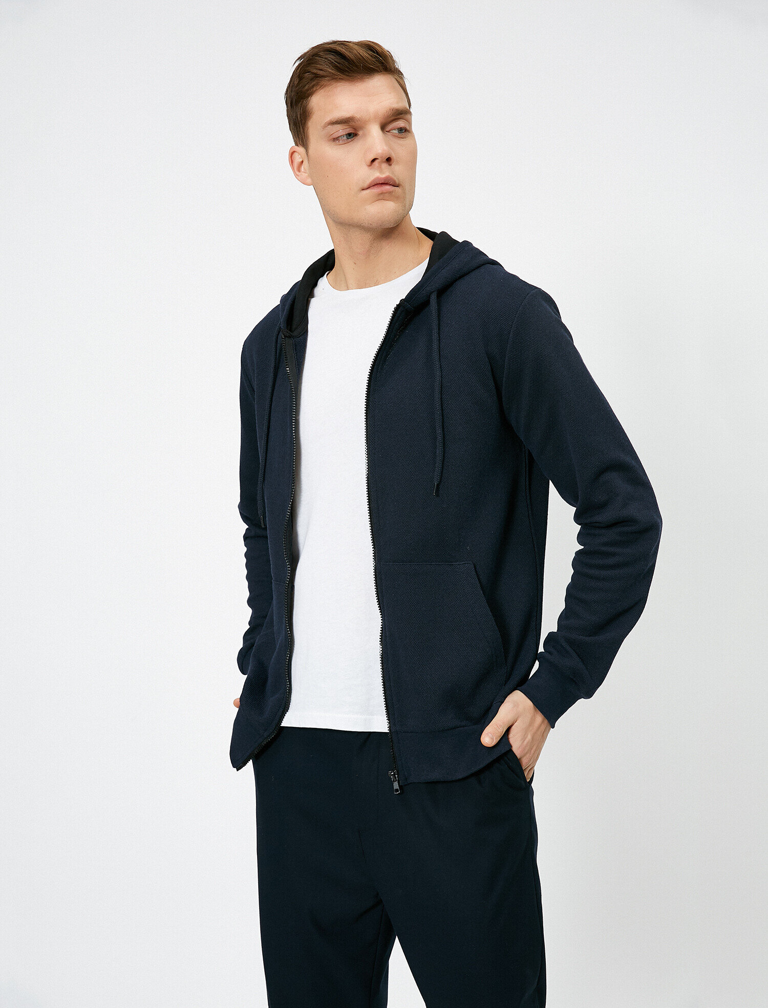   Kapüşonlu Fermuarlı Kanguru Cepli Kontrast Biyeli Sweatshirt