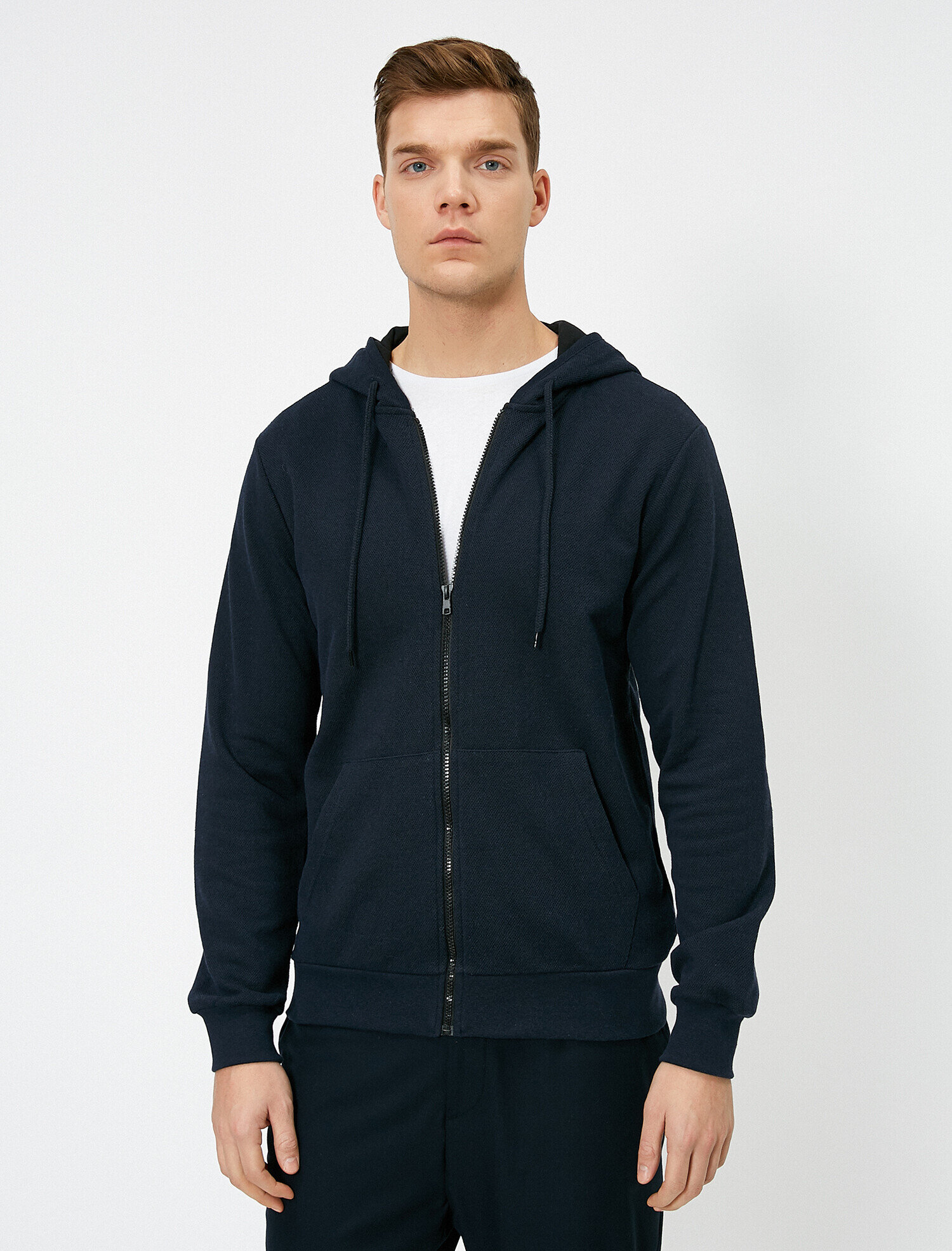   Kapüşonlu Fermuarlı Kanguru Cepli Kontrast Biyeli Sweatshirt