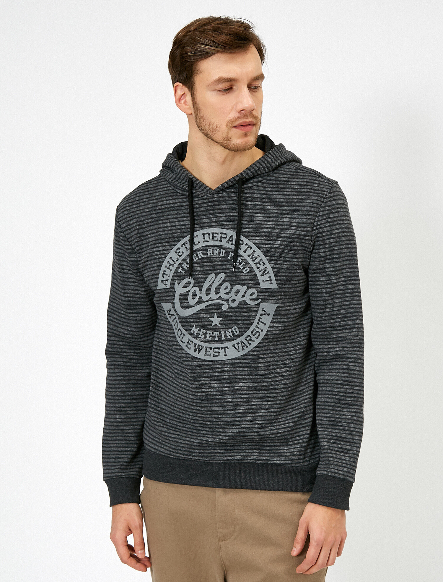   Kapüşonlu Baskılı Çizgili Sweatshirt