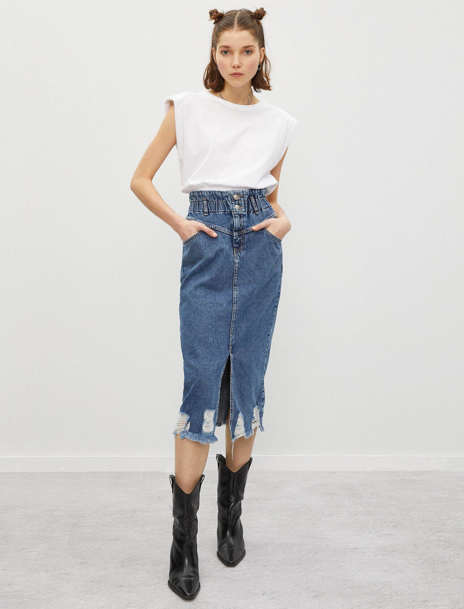   Organik Pamuk Bel Detaylı Yırtmaçlı Kot Etek