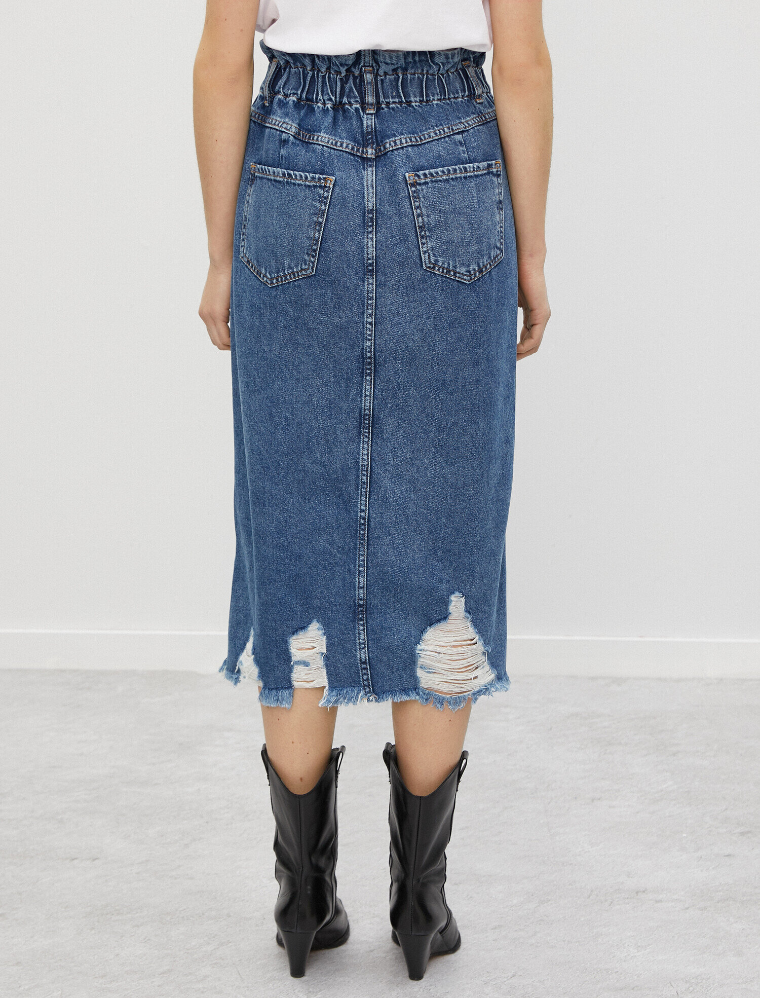   Organik Pamuk Bel Detaylı Yırtmaçlı Kot Etek