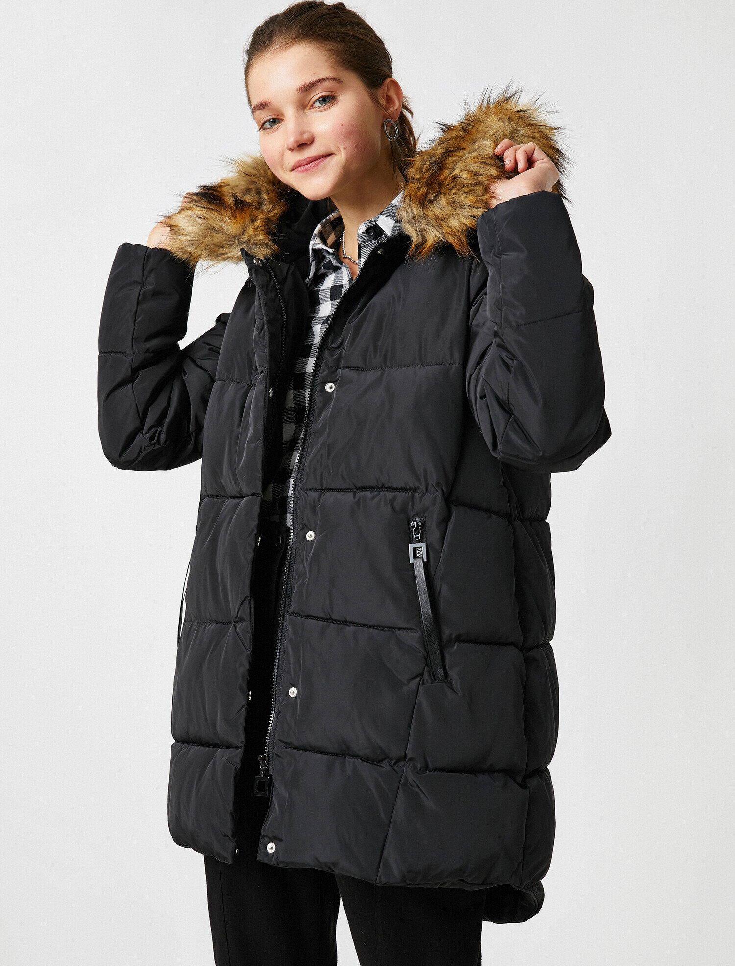   Suni Kürk Detaylı Kapüşonlu Şişme Mont