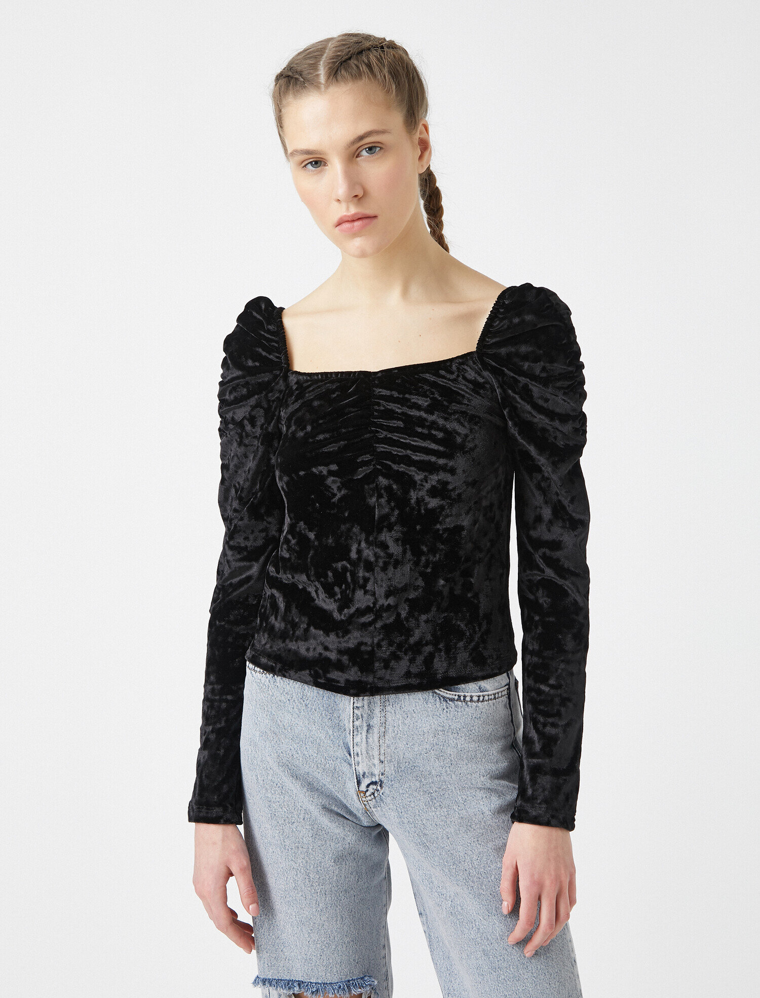   Uzun Kollu Tişört Büzgülü Kadife