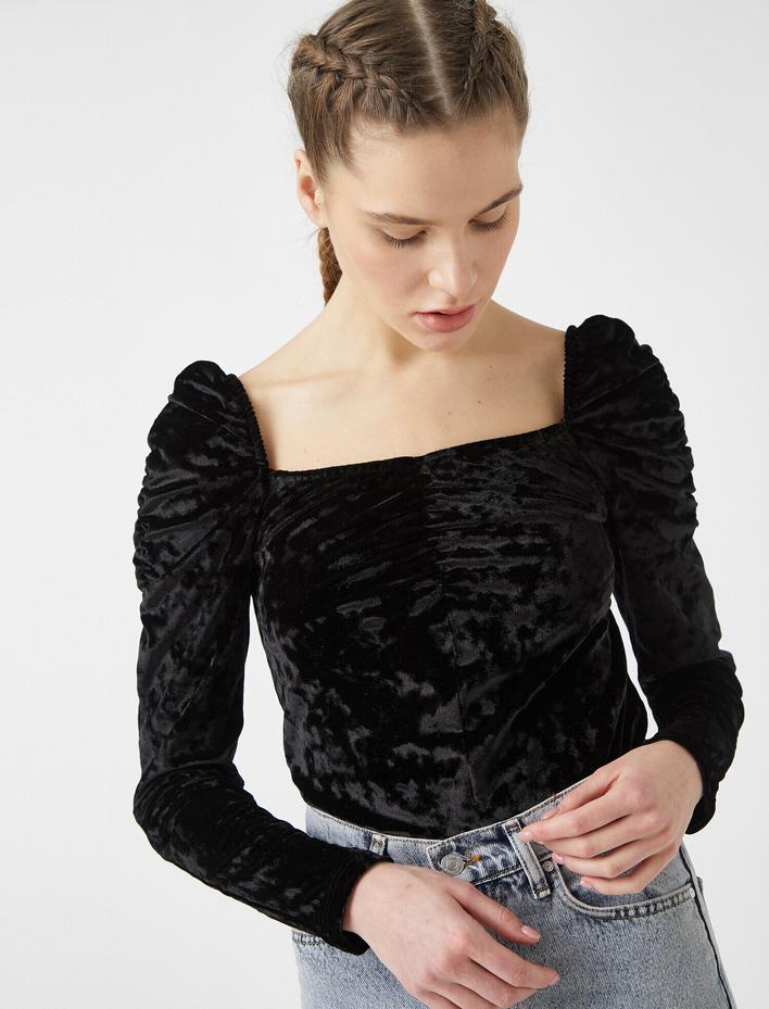  Uzun Kollu Tişört Büzgülü Kadife