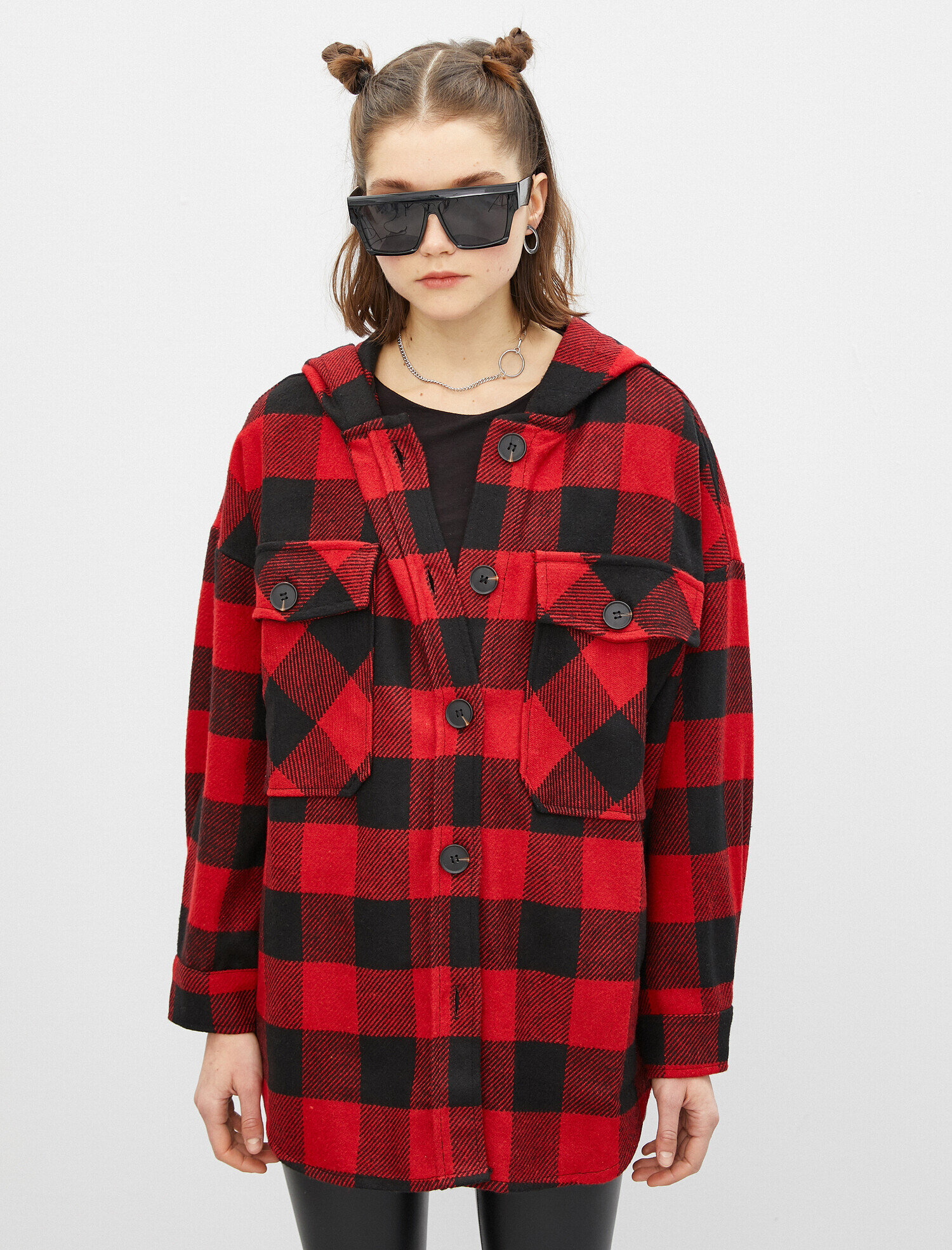   Kapüşonlu Oversize Ekose Ceket