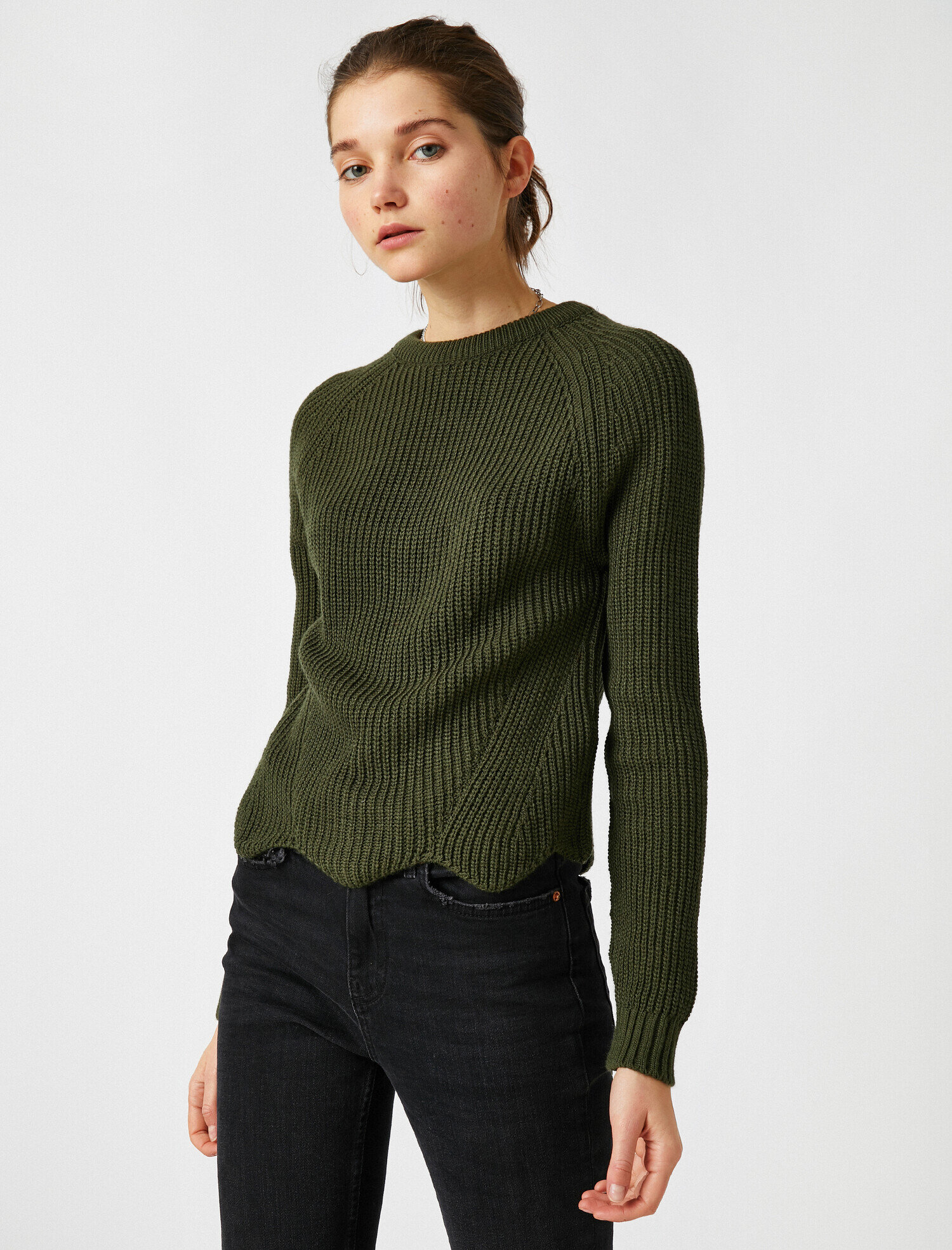   Uzun Kollu Bisiklet Yaka Asimetrik Detaylı Triko Kazak