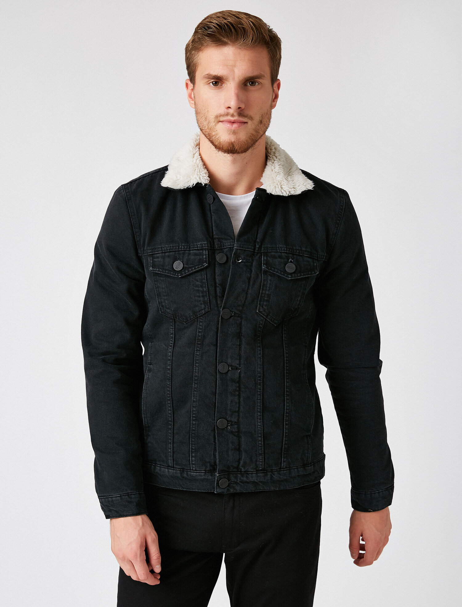   Cepli Yakası Suni Kürklü Jean Ceket