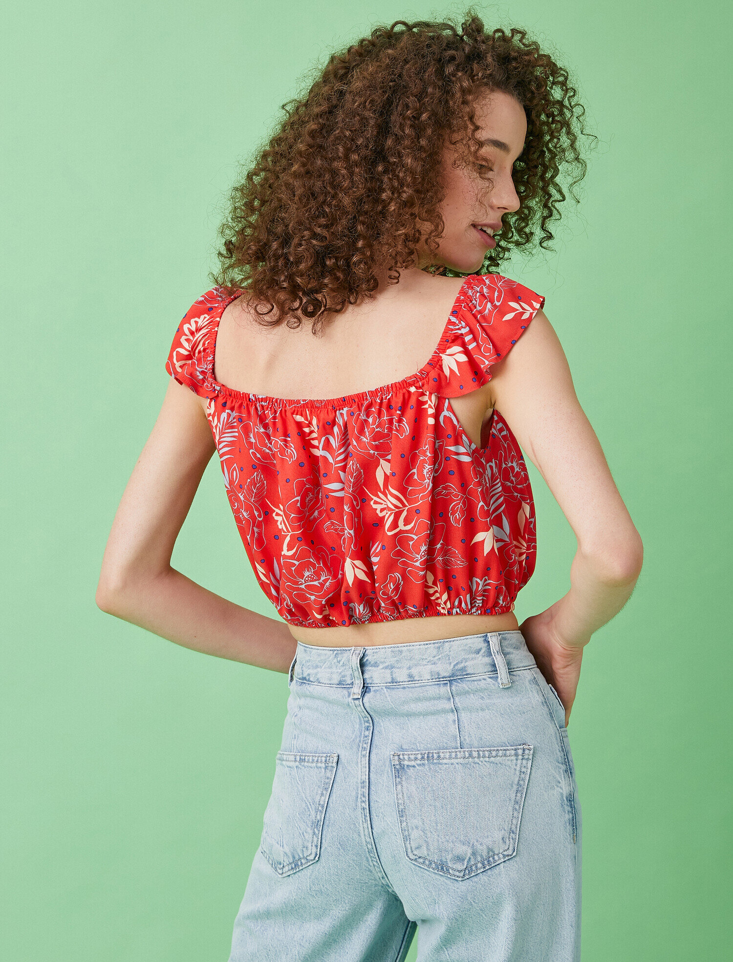   Crop Bluz Desenli Fırfırlı