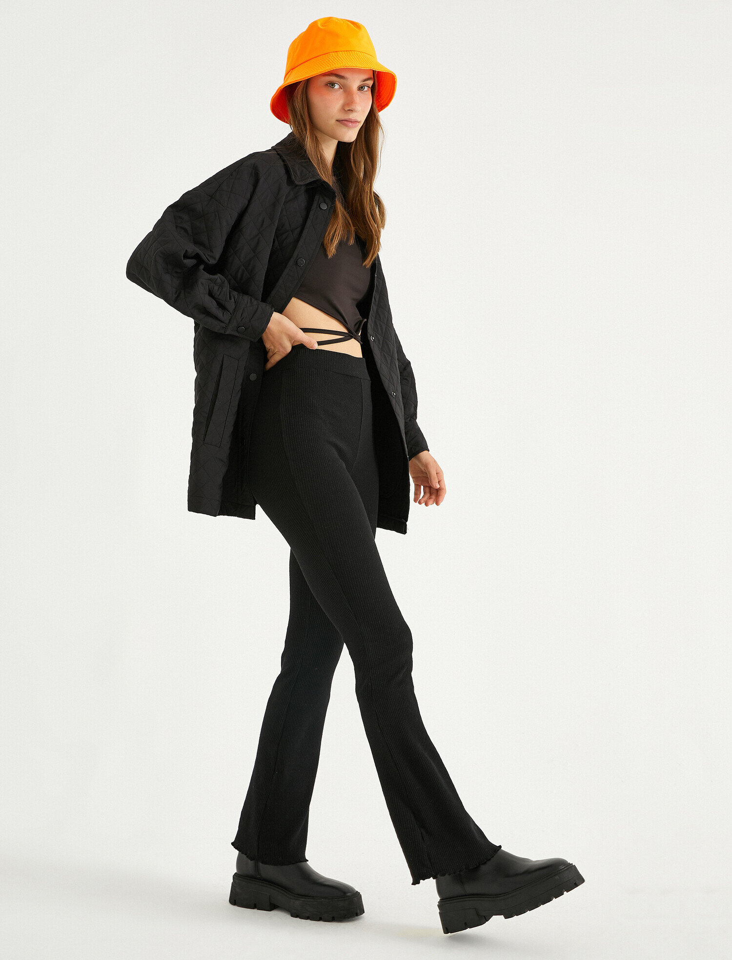   İspanyol Paça Pantolon Yüksek Bel Fitilli