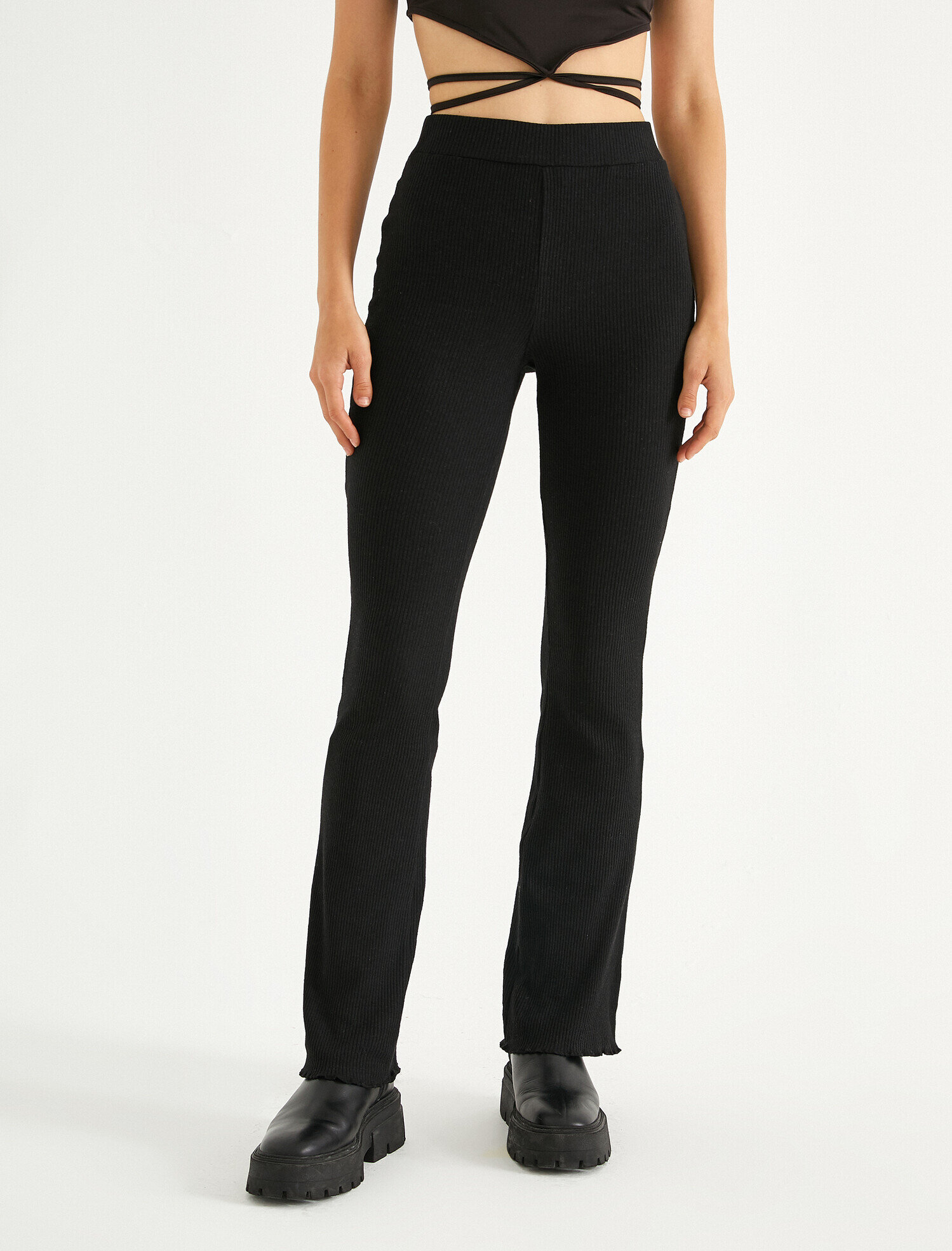   İspanyol Paça Pantolon Yüksek Bel Fitilli