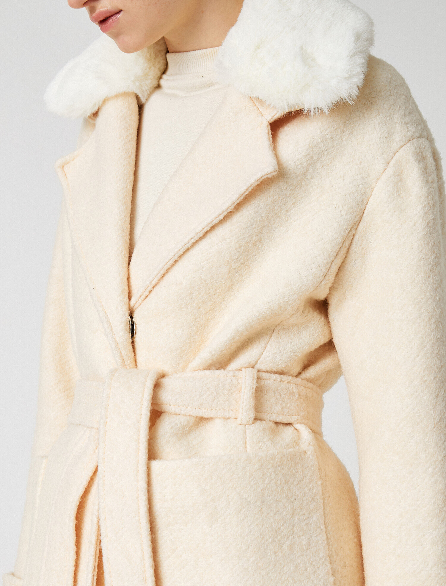   Suni Kürk Detaylı Kemerli Cepli Kaban