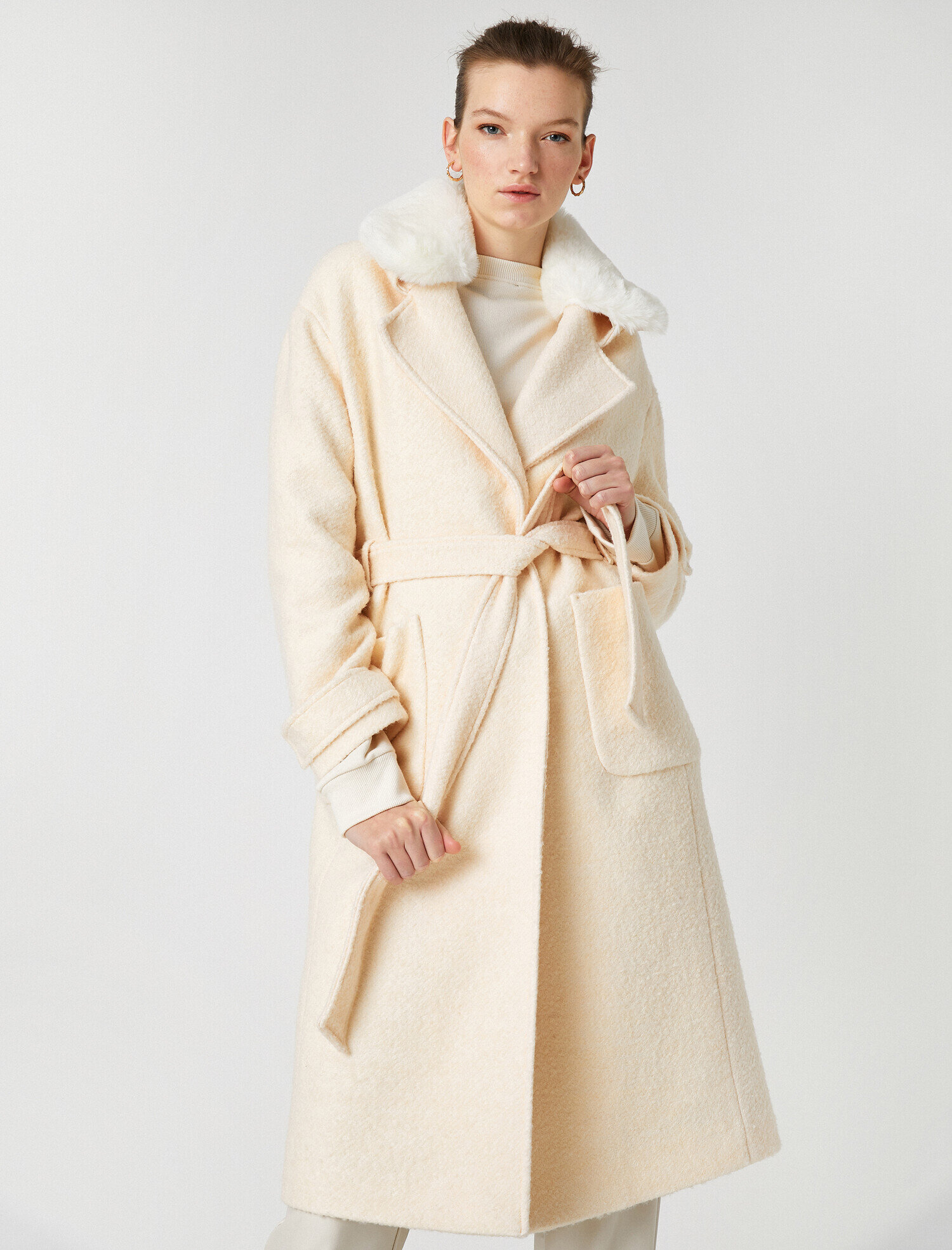   Suni Kürk Detaylı Kemerli Cepli Kaban