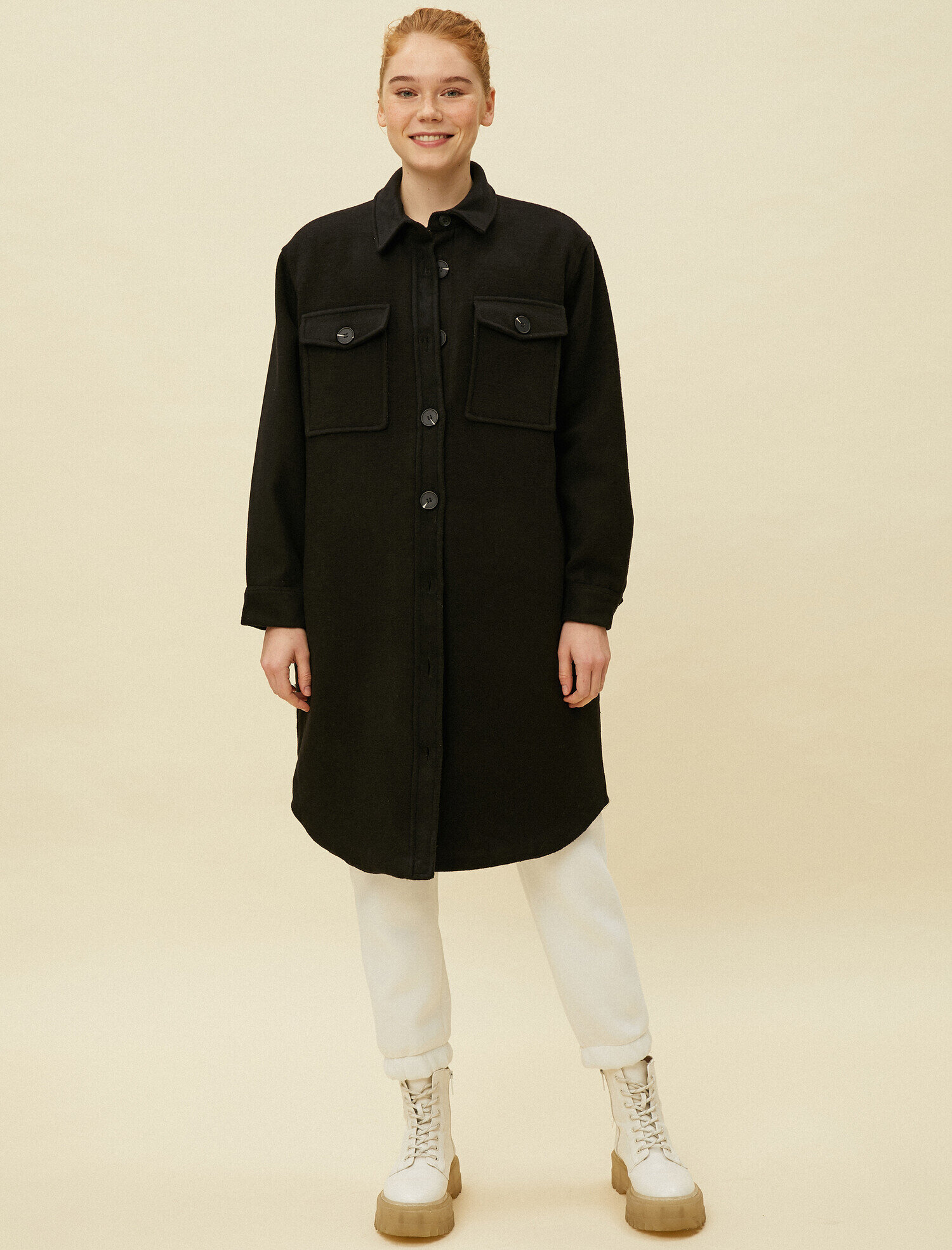   Gömlek Yaka Kapitoneli Astarlı Uzun Kaşe Ceket